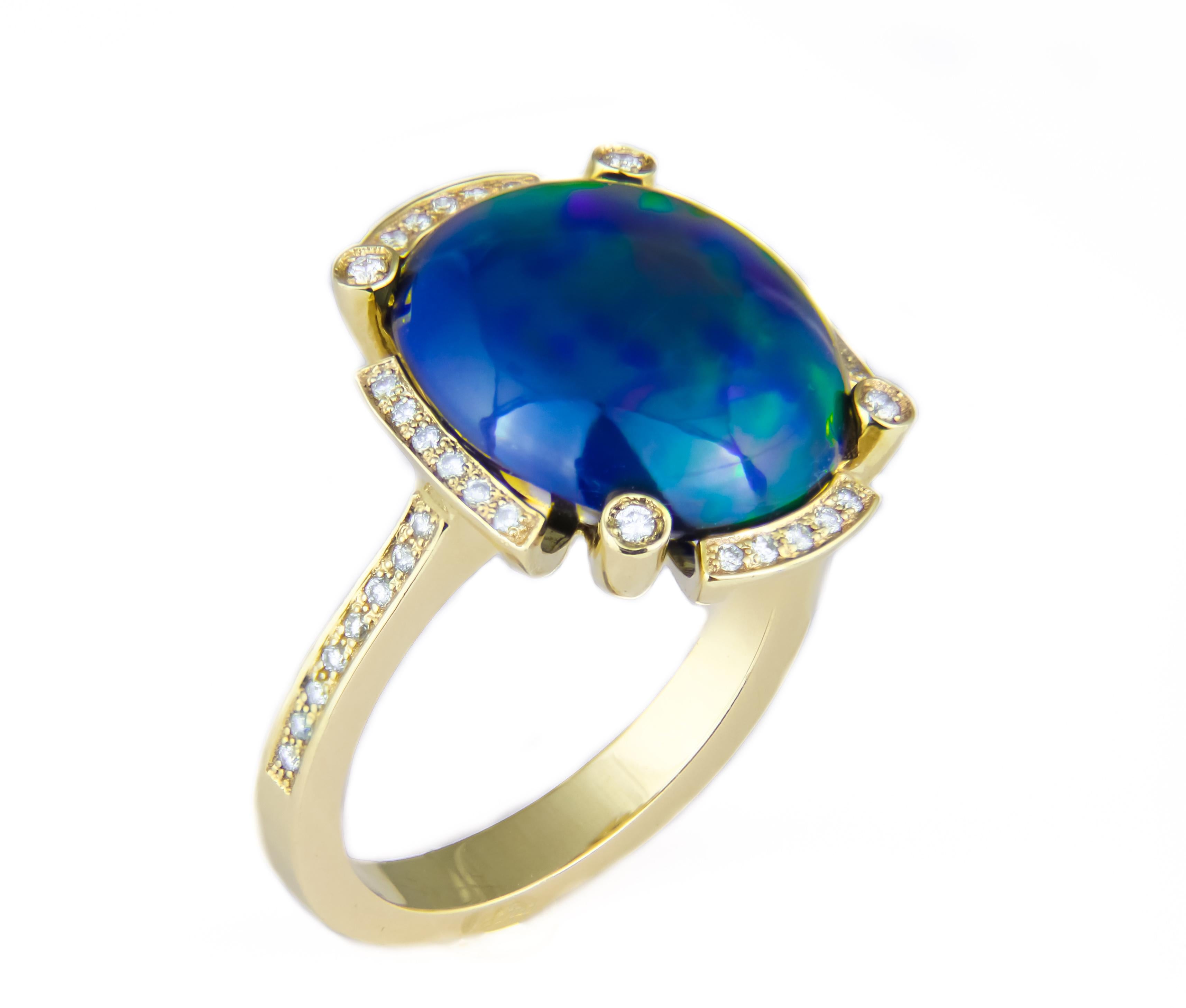 For Sale:  Black Opal and Diamonds Ring in 14k Gold. Gold Ring with Opal 5