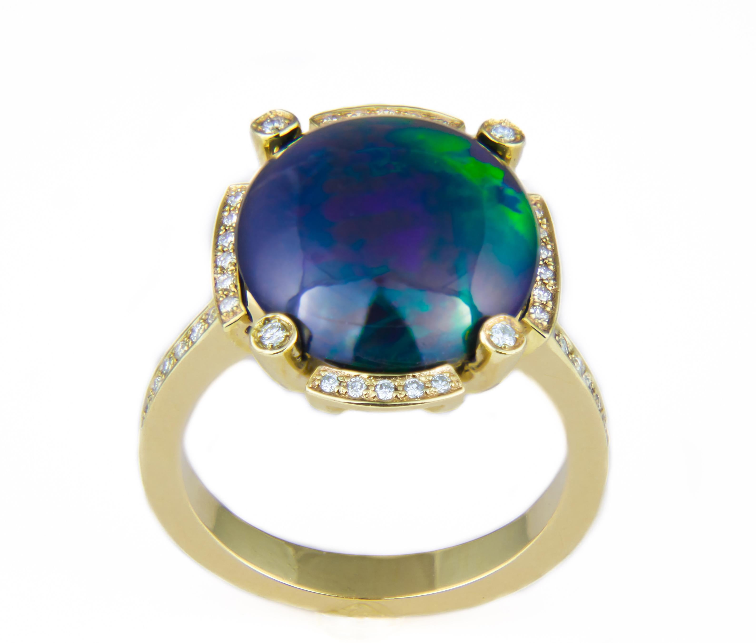 For Sale:  Black Opal and Diamonds Ring in 14k Gold. Gold Ring with Opal 7