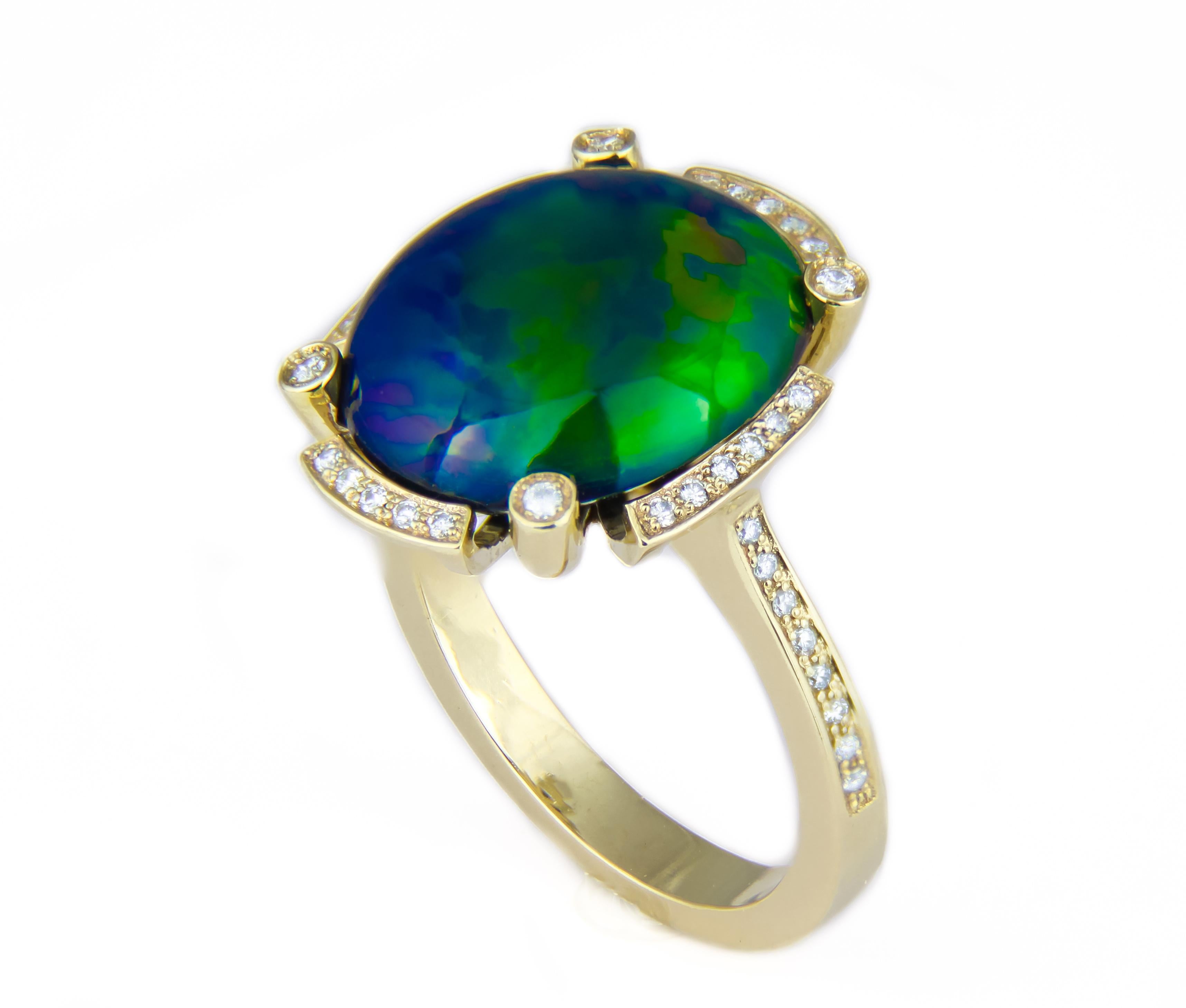 For Sale:  Black Opal and Diamonds Ring in 14k Gold. Gold Ring with Opal 11