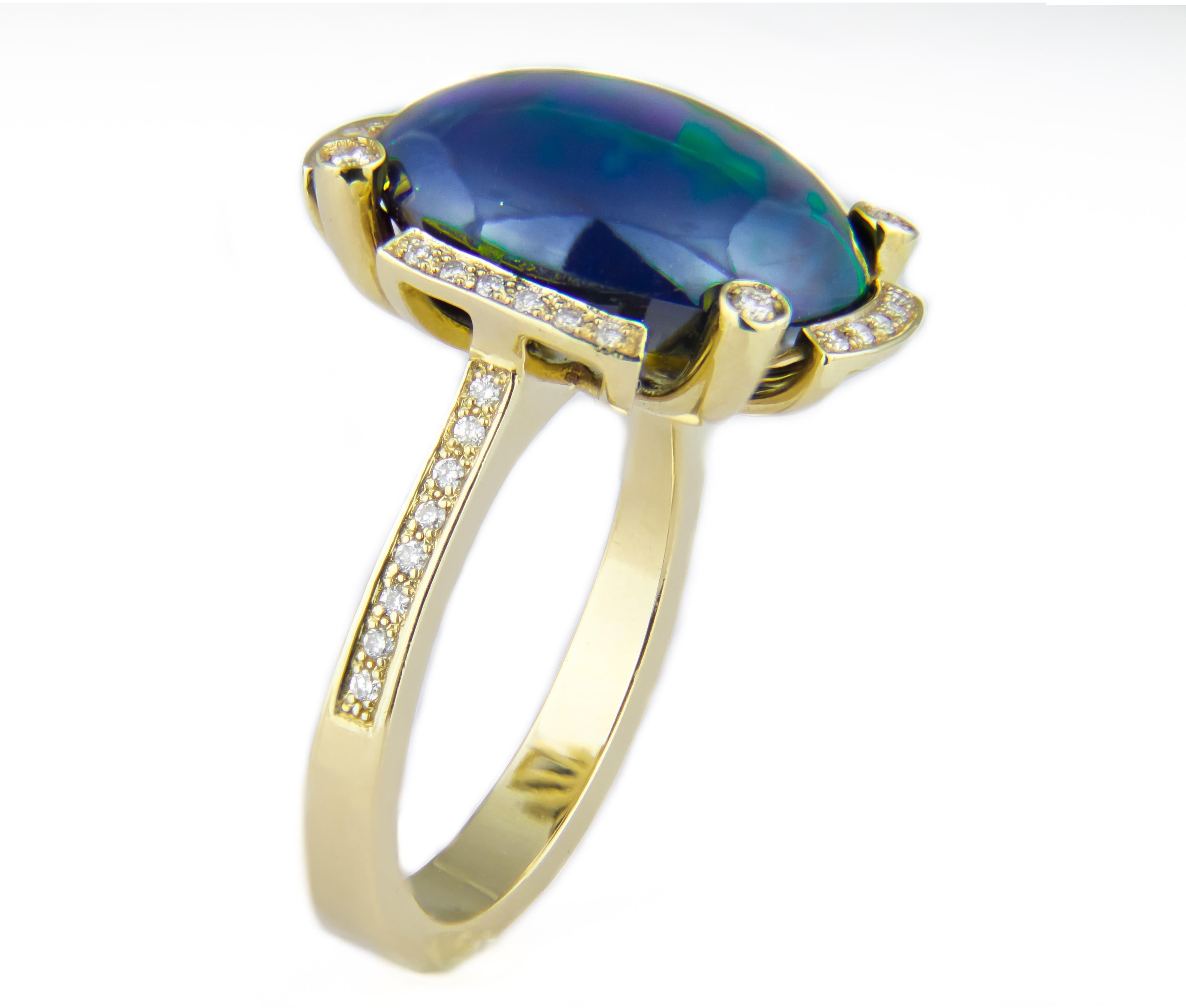 For Sale:  Black Opal and Diamonds Ring in 14k Gold. Gold Ring with Opal 13