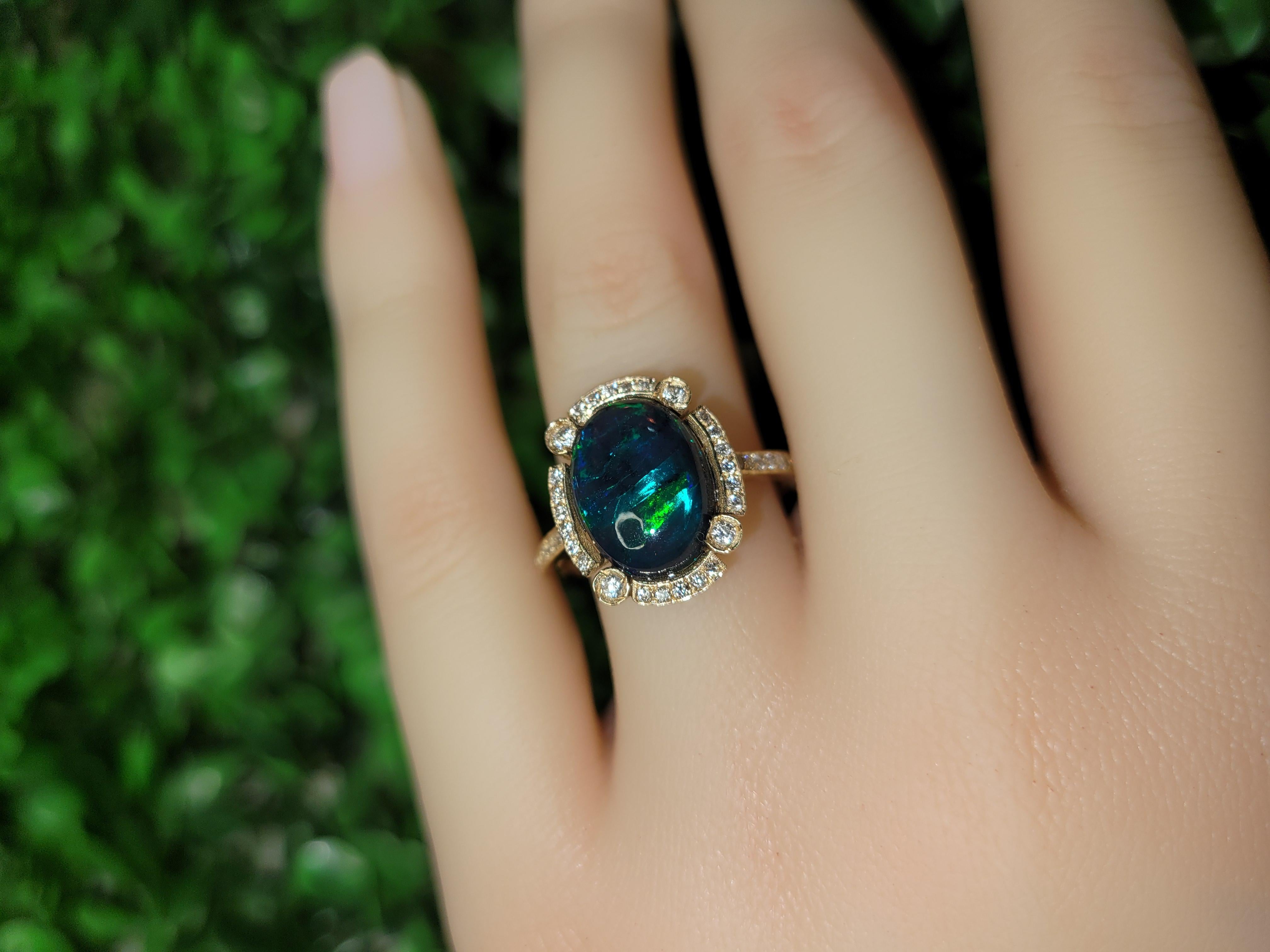 For Sale:  Black Opal and Diamonds Ring in 14k Gold. Gold Ring with Opal 6