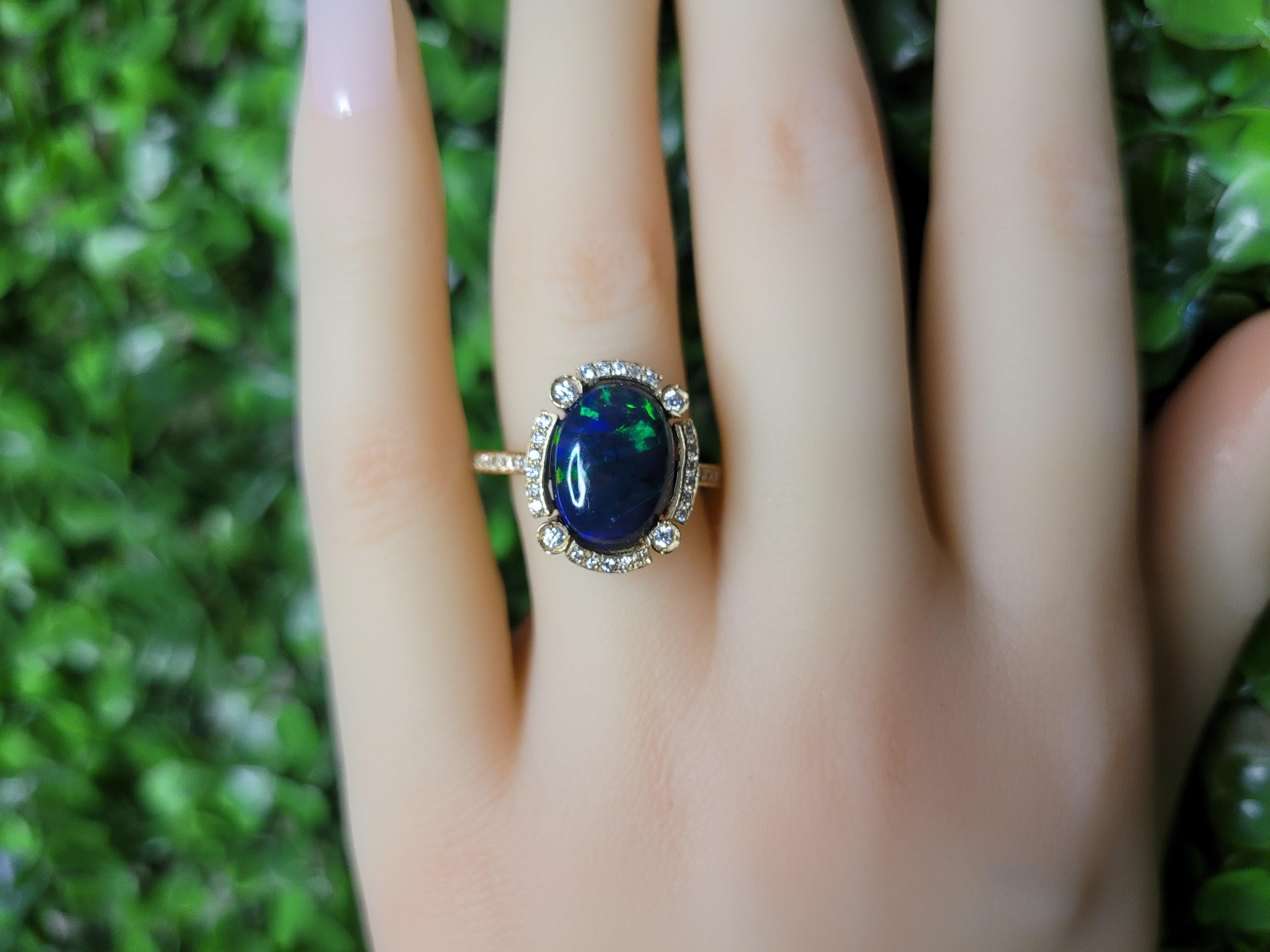 For Sale:  Black Opal and Diamonds Ring in 14k Gold. Gold Ring with Opal 10