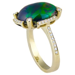 Black Opal and Diamonds Ring in 14k Gold. Gold Ring with Opal