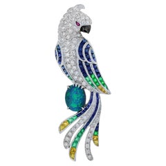Black Opal and Multi Gemstone Vintage Style Exotic Bird Brooch in 18K White Gold