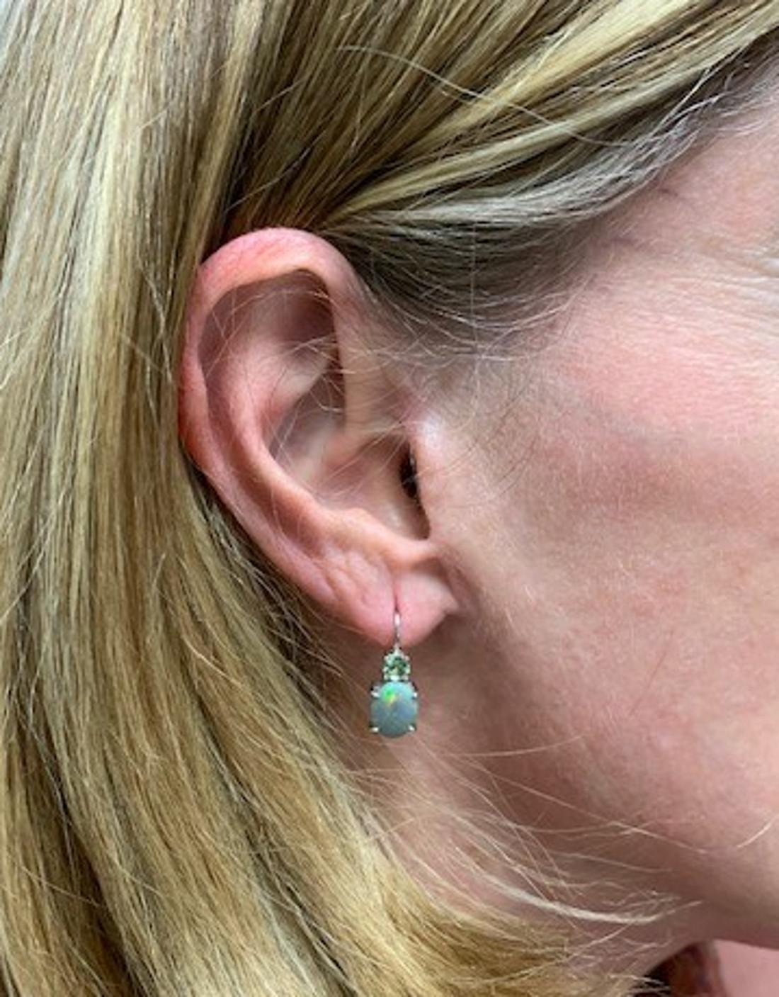 Black Opal and Tsavorite Garnet 18k White Gold Lever Back Wire Drop Earrings 2