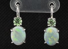 Black Opal and Tsavorite Garnet 18k White Gold Lever Back Wire Drop Earrings