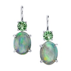 Black Opal and Tsavorite Garnet 18k White Gold Lever Back Wire Drop Earrings