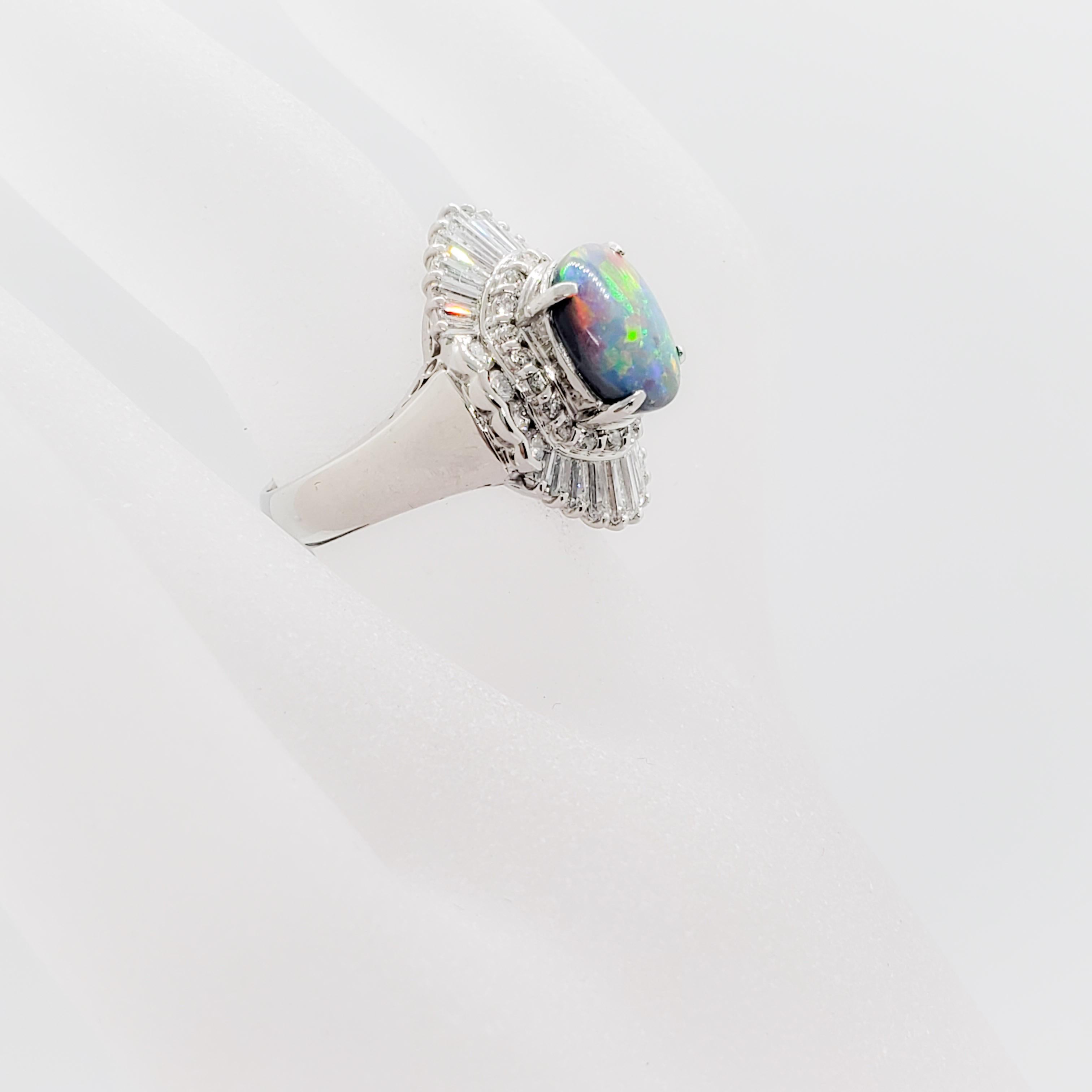 Oval Cut Black Opal and White Diamond Cocktail Ring in Platinum