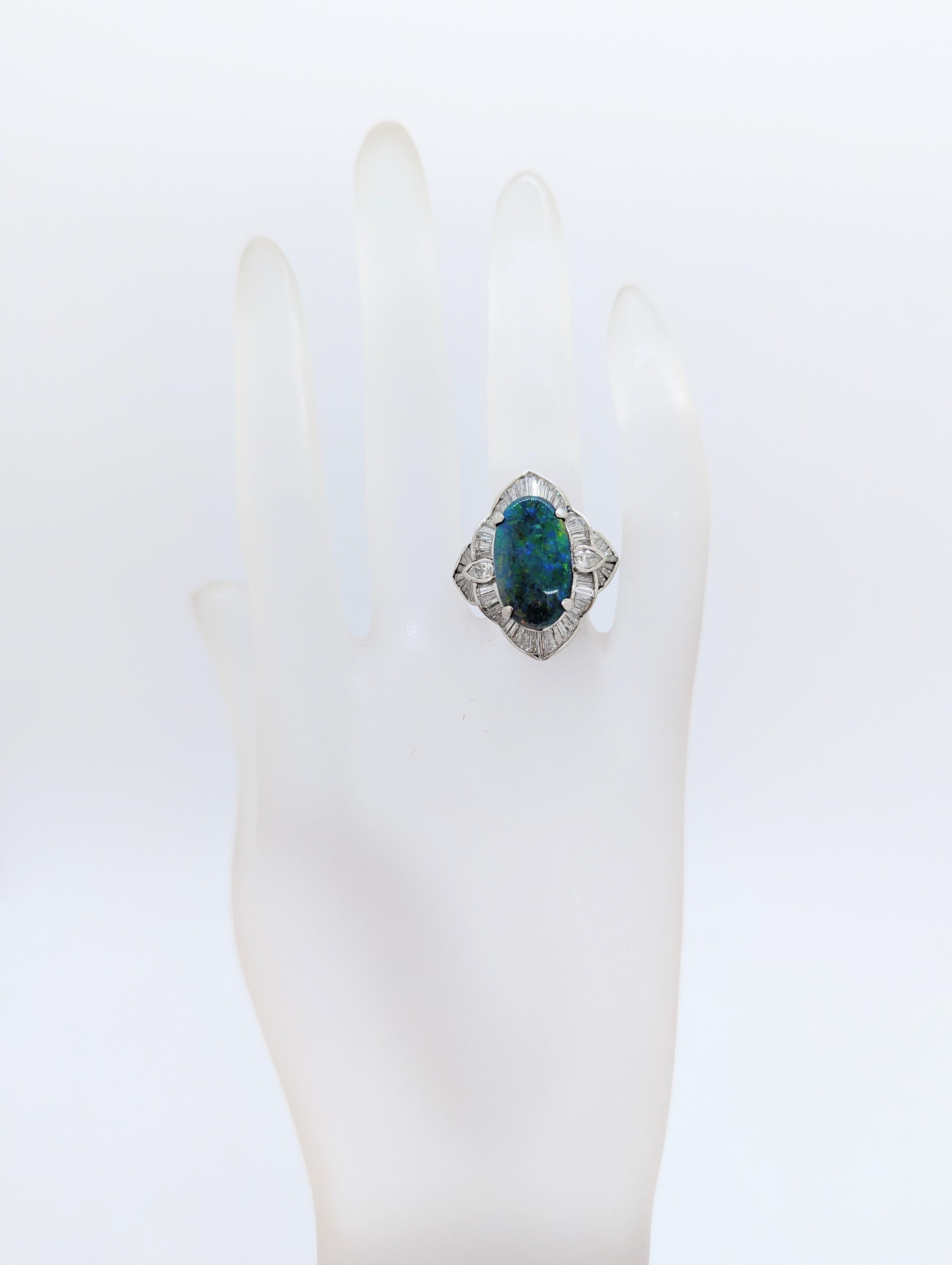 Oval Cut Black Opal and White Diamond Cocktail Ring in Platinum For Sale