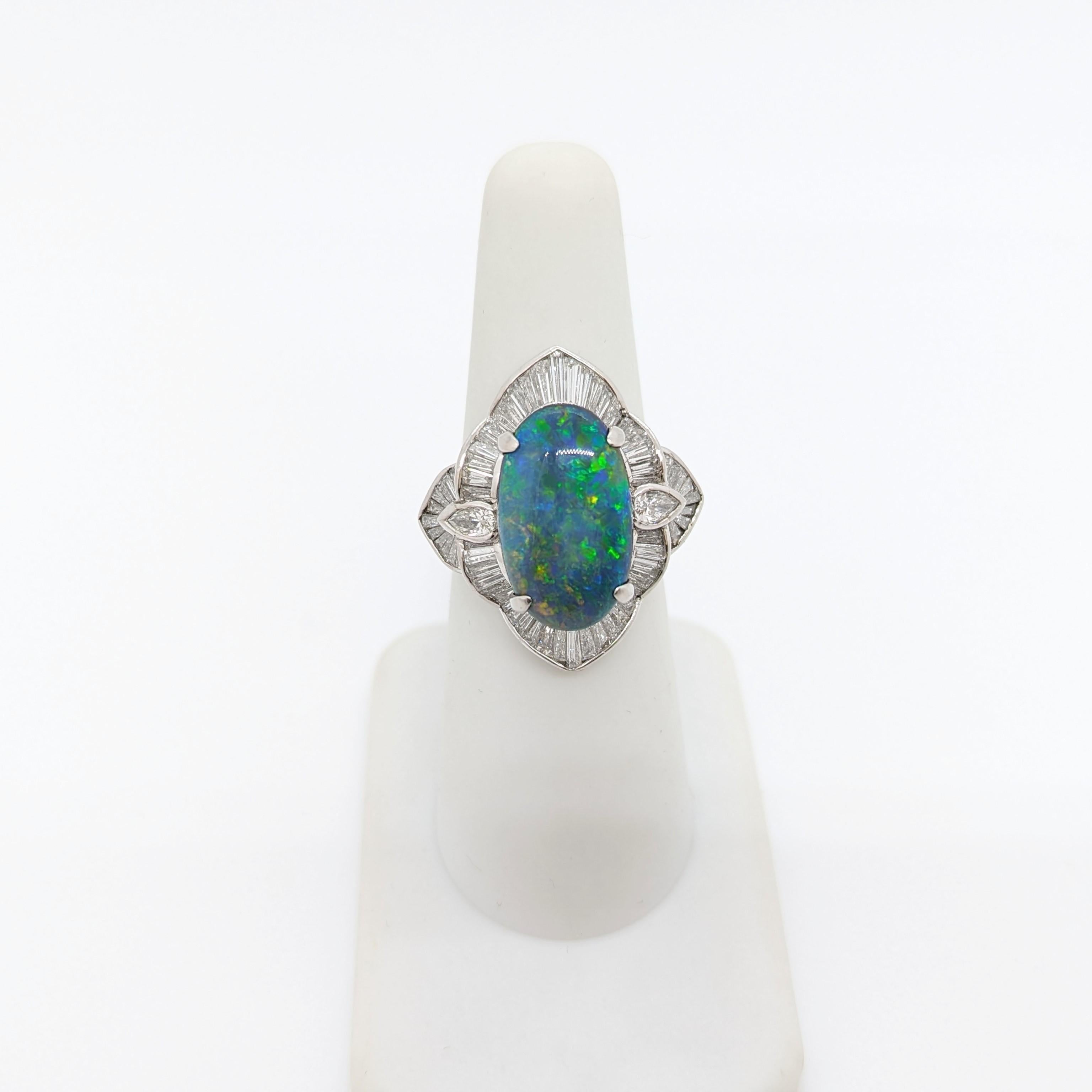 Black Opal and White Diamond Cocktail Ring in Platinum In New Condition For Sale In Los Angeles, CA