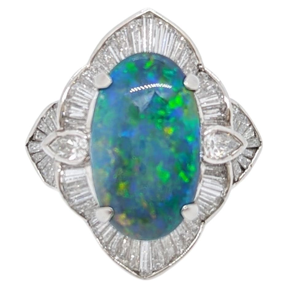 Black Opal and White Diamond Cocktail Ring in Platinum For Sale