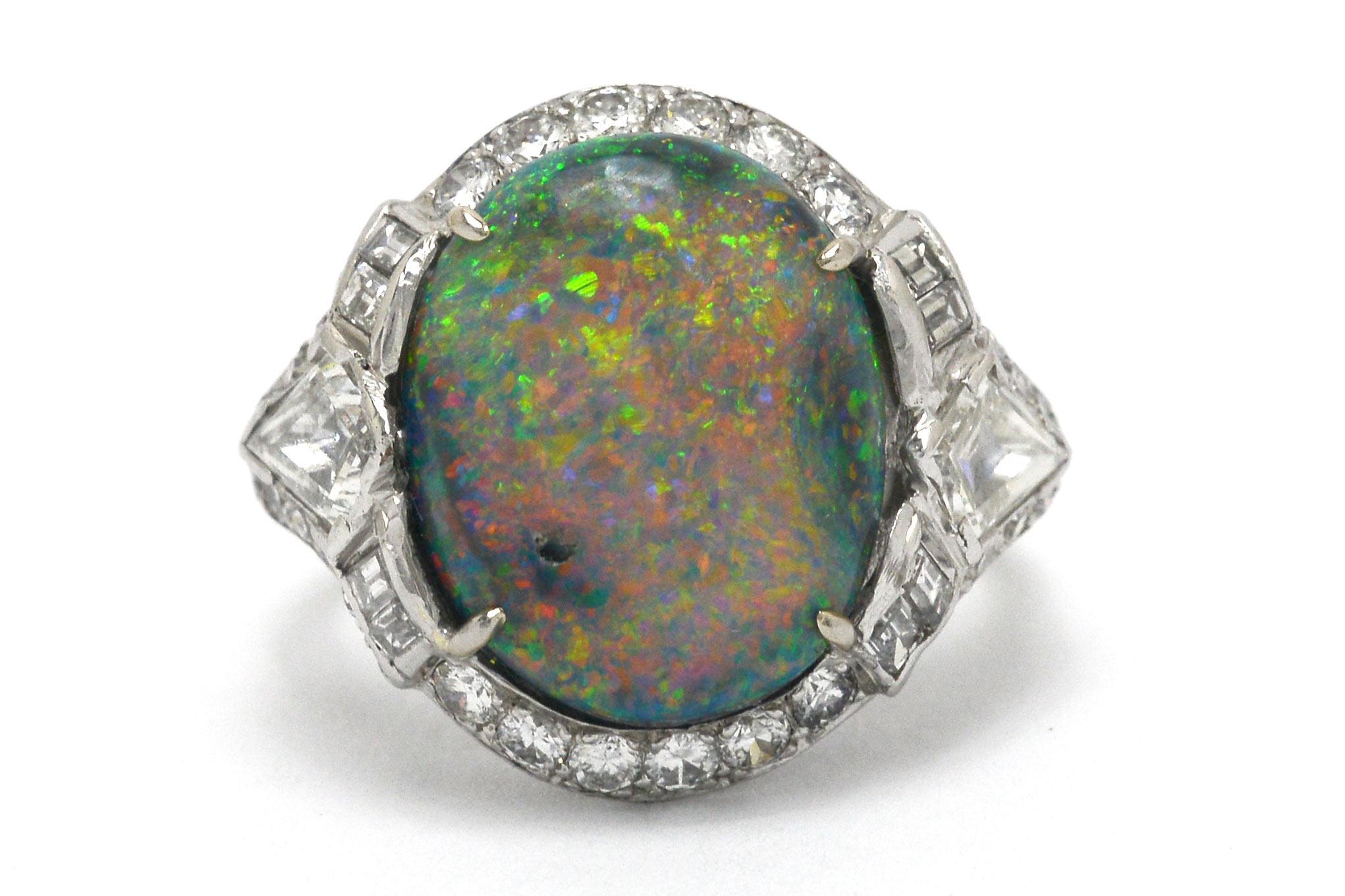 Art Deco 6.76 Carat Black Opal Cocktail Ring GIA Certified In Good Condition For Sale In Santa Barbara, CA