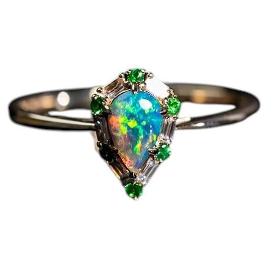 Black Opal Baguette Cut Diamond Engagement Ring 14K Yellow Gold For Sale