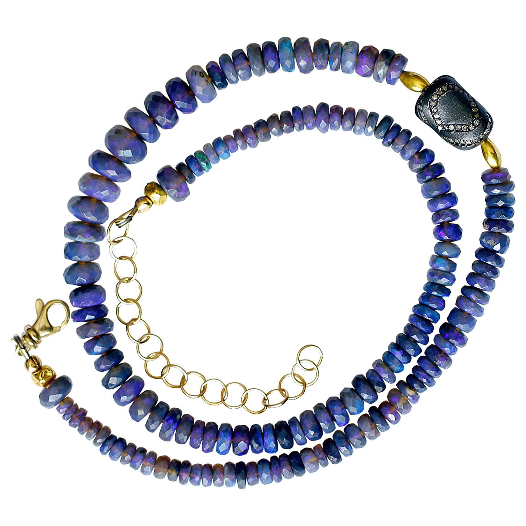 Black Opal Beaded Necklace Diamond Encrusted Bead 18 Karat Gold Beads