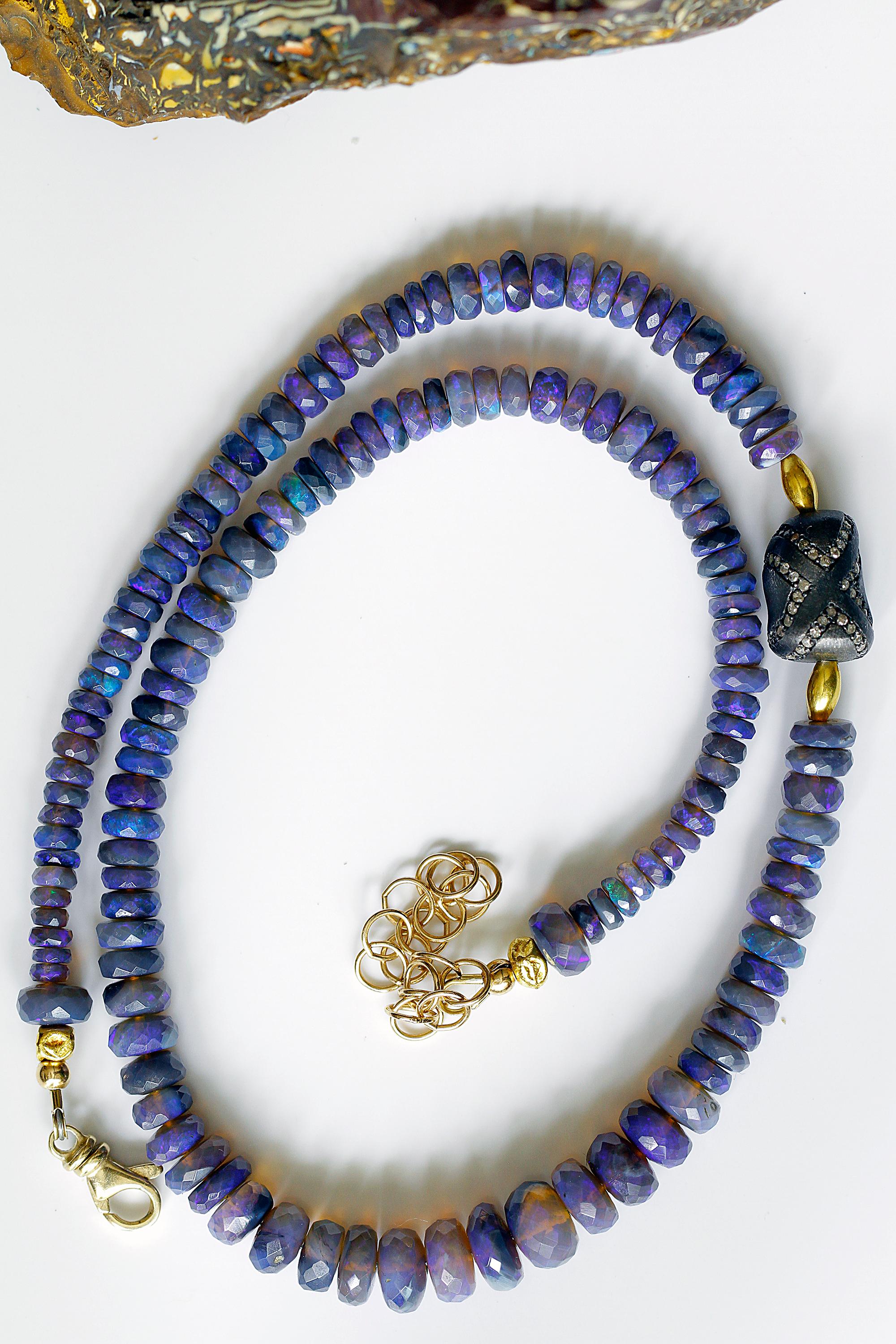 Artisan Black Opal Beaded Necklace Diamond Encrusted Bead 18 Karat Gold Beads