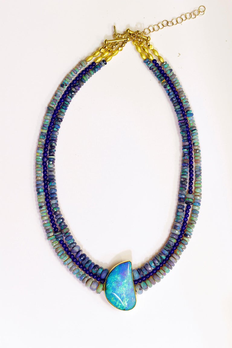 Black Opal Beaded Necklace with Boulder Opal in 22k Gold and 18k Gold