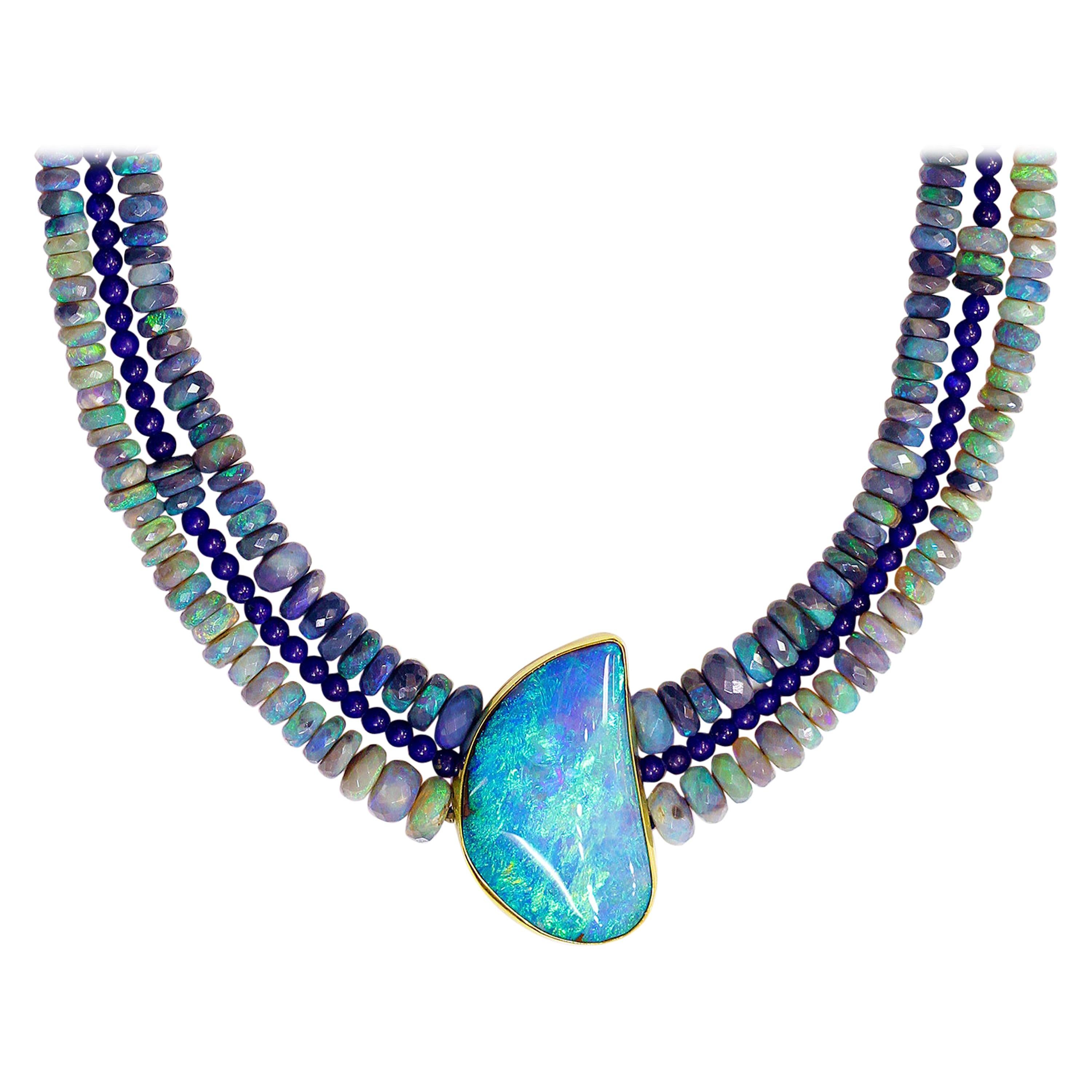 Black Opal Beaded Necklace with Boulder Opal in 22k Gold & 18k Gold