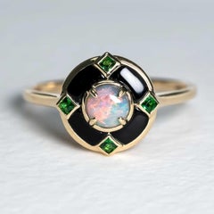 Black Opal Black Agate Engagement Ring 14K Yellow Gold