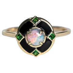 Black Opal Black Agate Engagement Ring 14K Yellow Gold