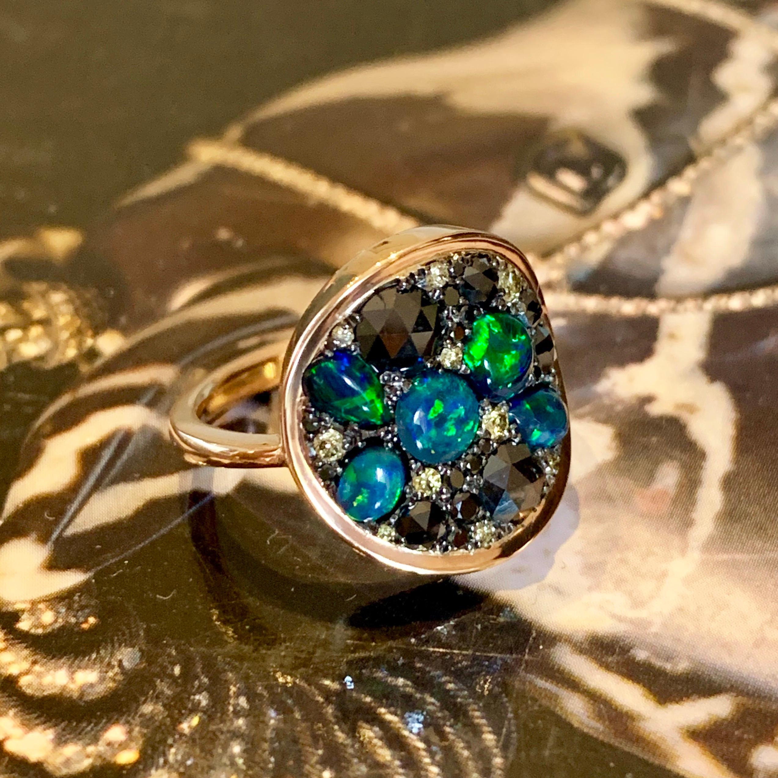 One of a kind ring in 18K Rose gold 5,2 g & blackened sterling silver (The stones are set on silver to create a black background for the stones)
Pave set with Black rose- and brilliant-cut diamonds, fancy olive green diamonds. Total carat diamonds: 