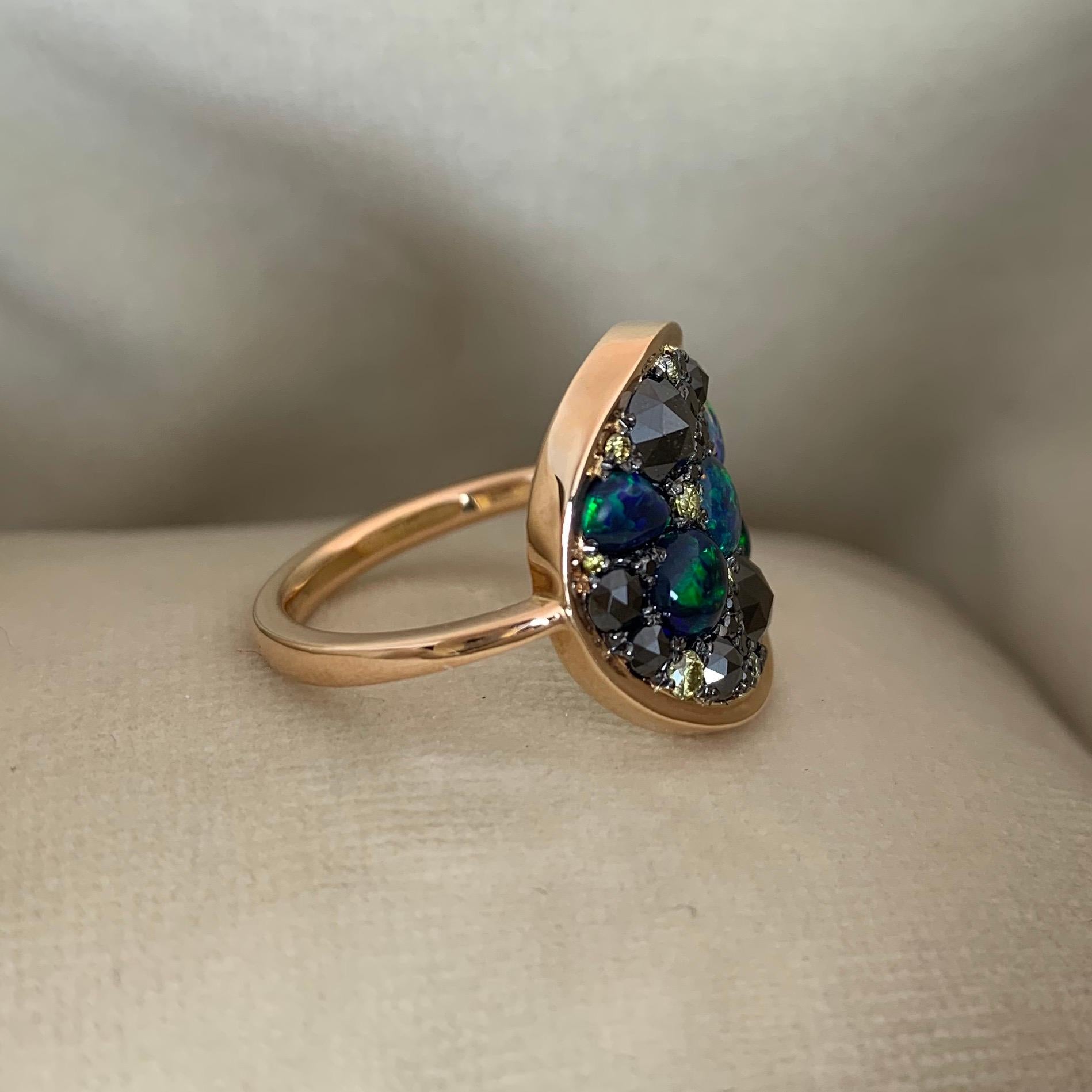 Rose Cut Black Opal Black Diamond Cocktail Ring