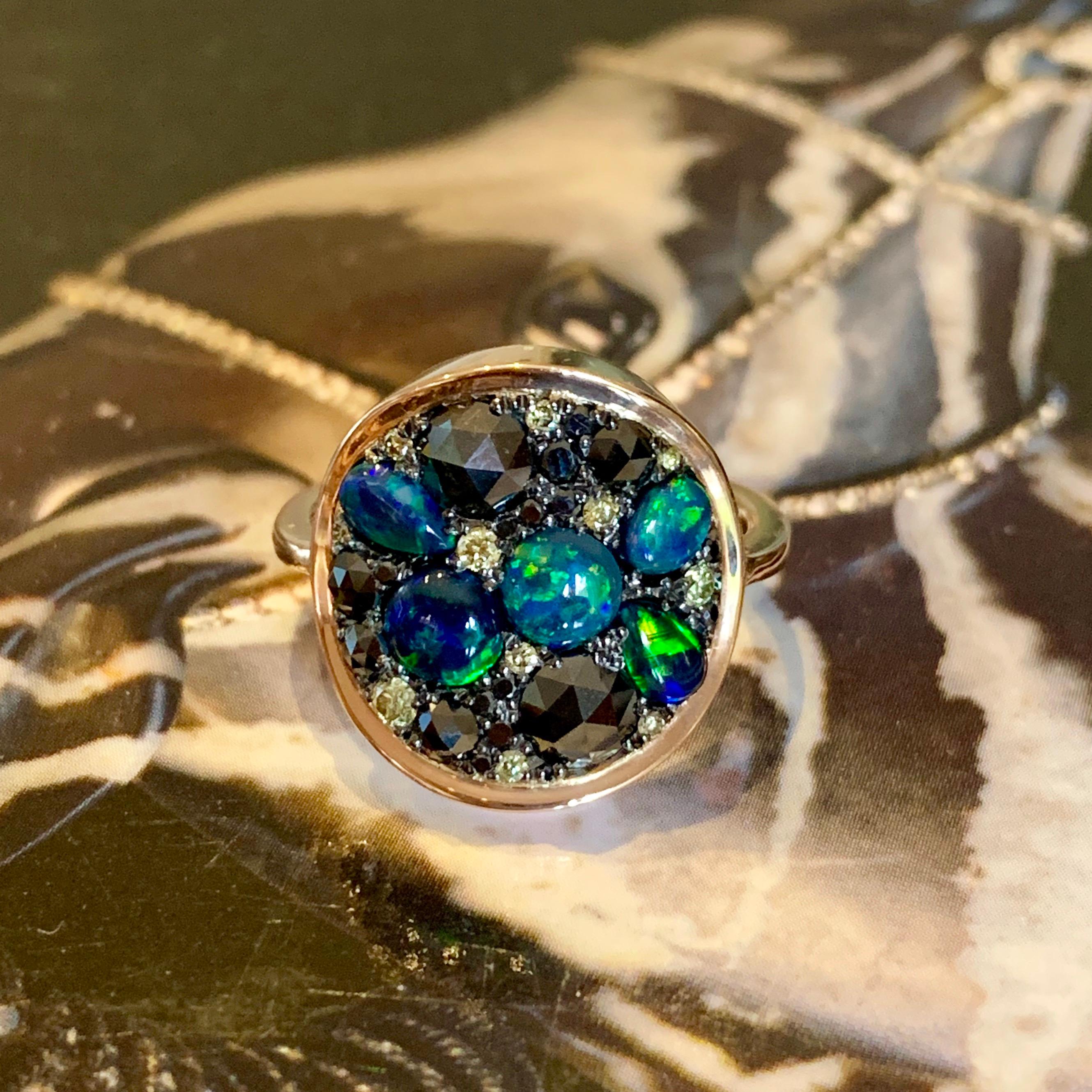 Black Opal Black Diamond Cocktail Ring In New Condition In Antwerp, BE