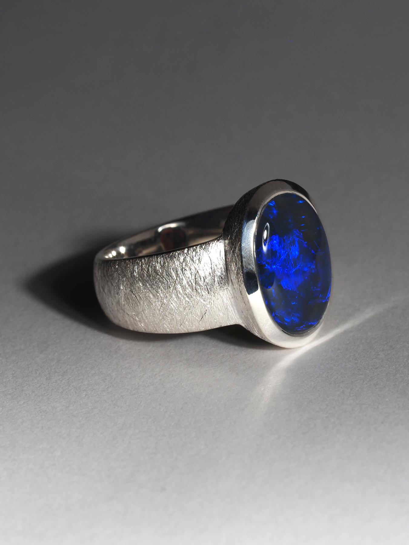 Oval Cut Black Opal Blue Lightning ridge Silver Ring For Sale