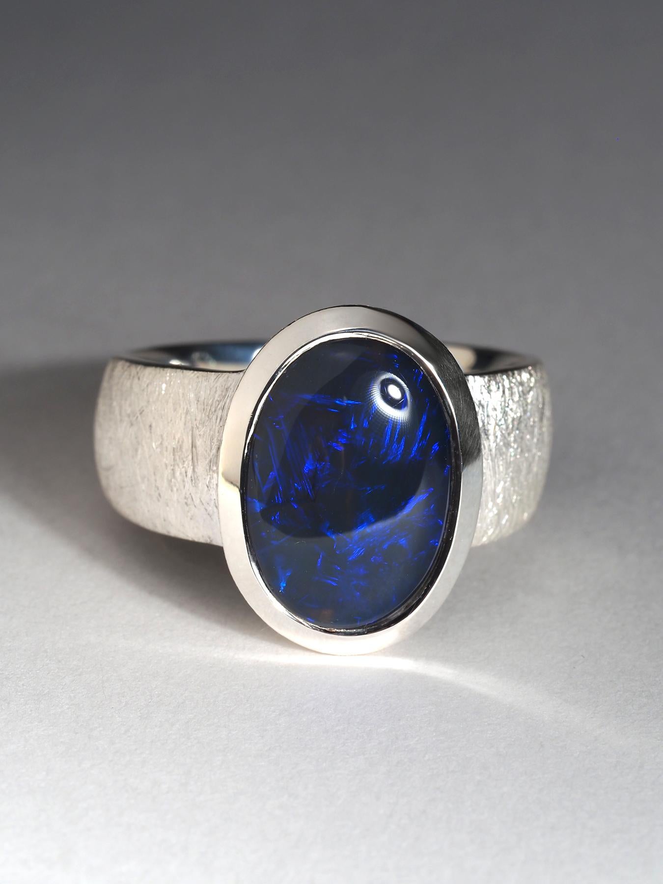Black Opal Blue Lightning ridge Silver Ring For Sale 1
