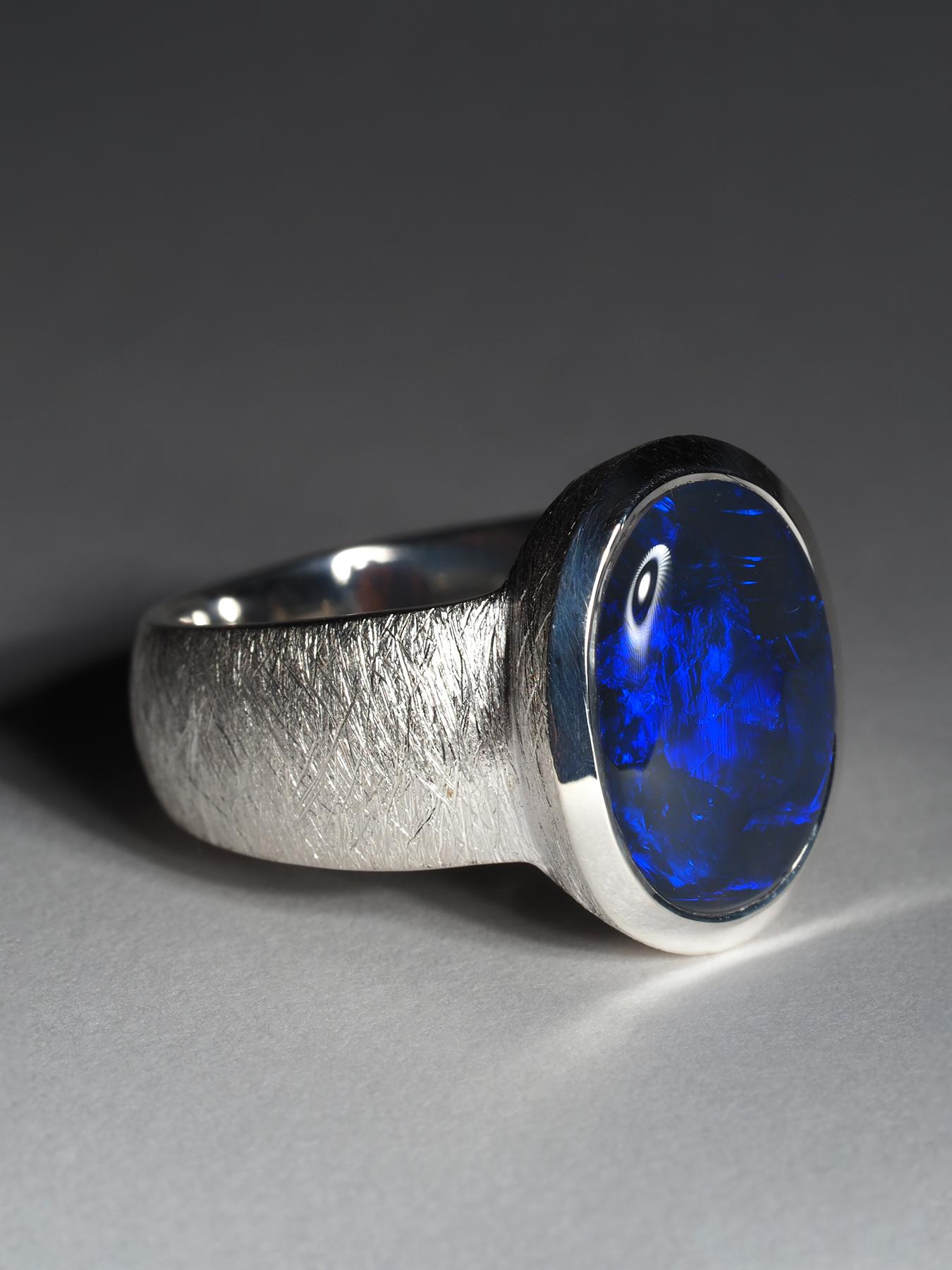 Black Opal Blue Lightning ridge Silver Ring For Sale 2