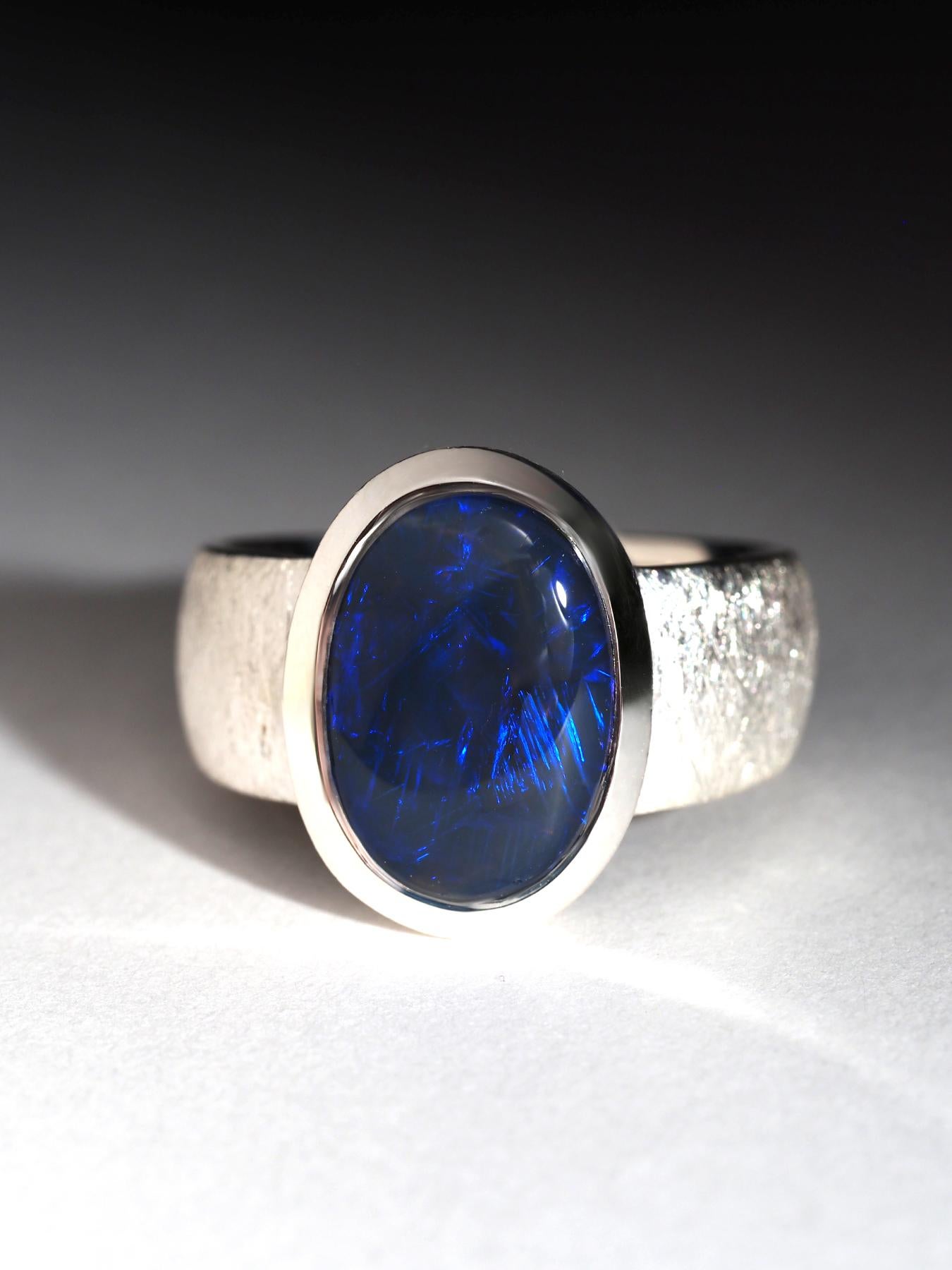 Black Opal Blue Lightning ridge Silver Ring For Sale 3