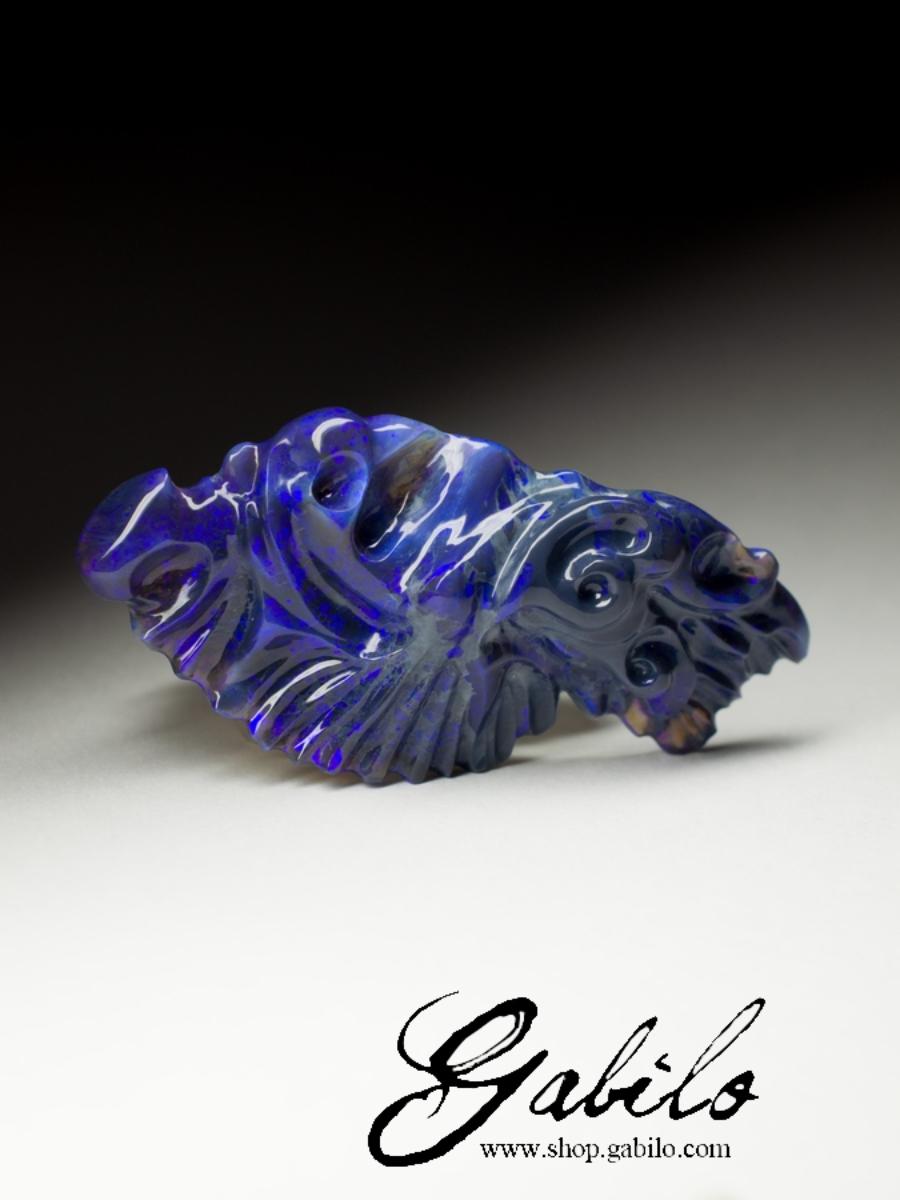 Women's or Men's Black Opal Phoenix bird Carving for necklace Cobalt Blue 68 carats For Sale