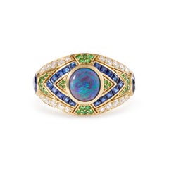 1.70ct Black Opal Sapphire Tsavorite & Diamond 18K Yellow Gold Cocktail Ring