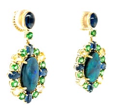 Black Opal, Blue Sapphire, Yellow Sapphire, Tsavorite Garnet Dangle Earrings