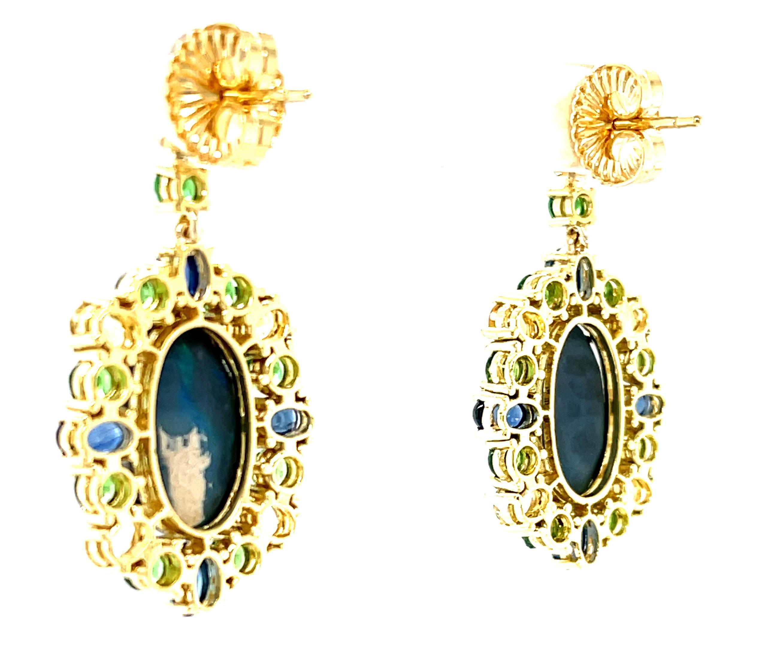 Black Opal, Blue Sapphire, Yellow Sapphire, Tsavorite Garnet Dangle Earrings In New Condition In Los Angeles, CA