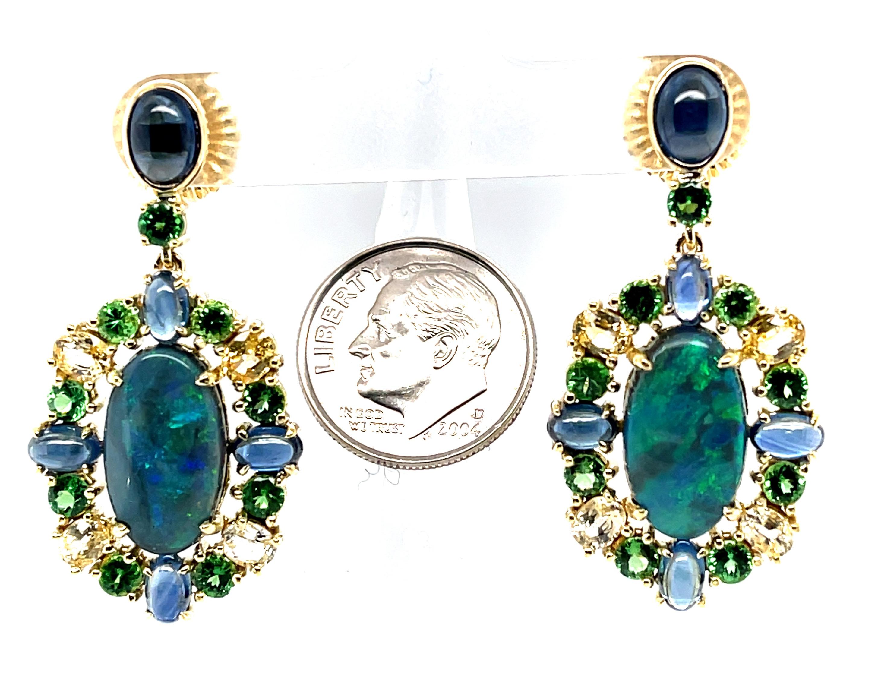 Black Opal, Blue Sapphire, Yellow Sapphire, Tsavorite Garnet Dangle Earrings 1