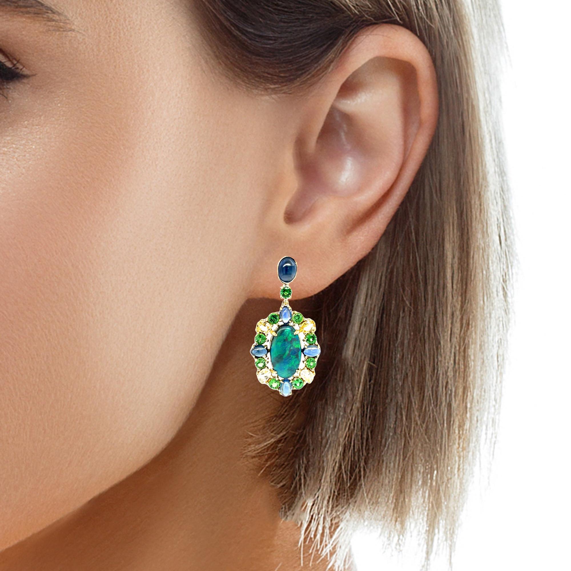 Black Opal, Blue Sapphire, Yellow Sapphire, Tsavorite Garnet Dangle Earrings 3