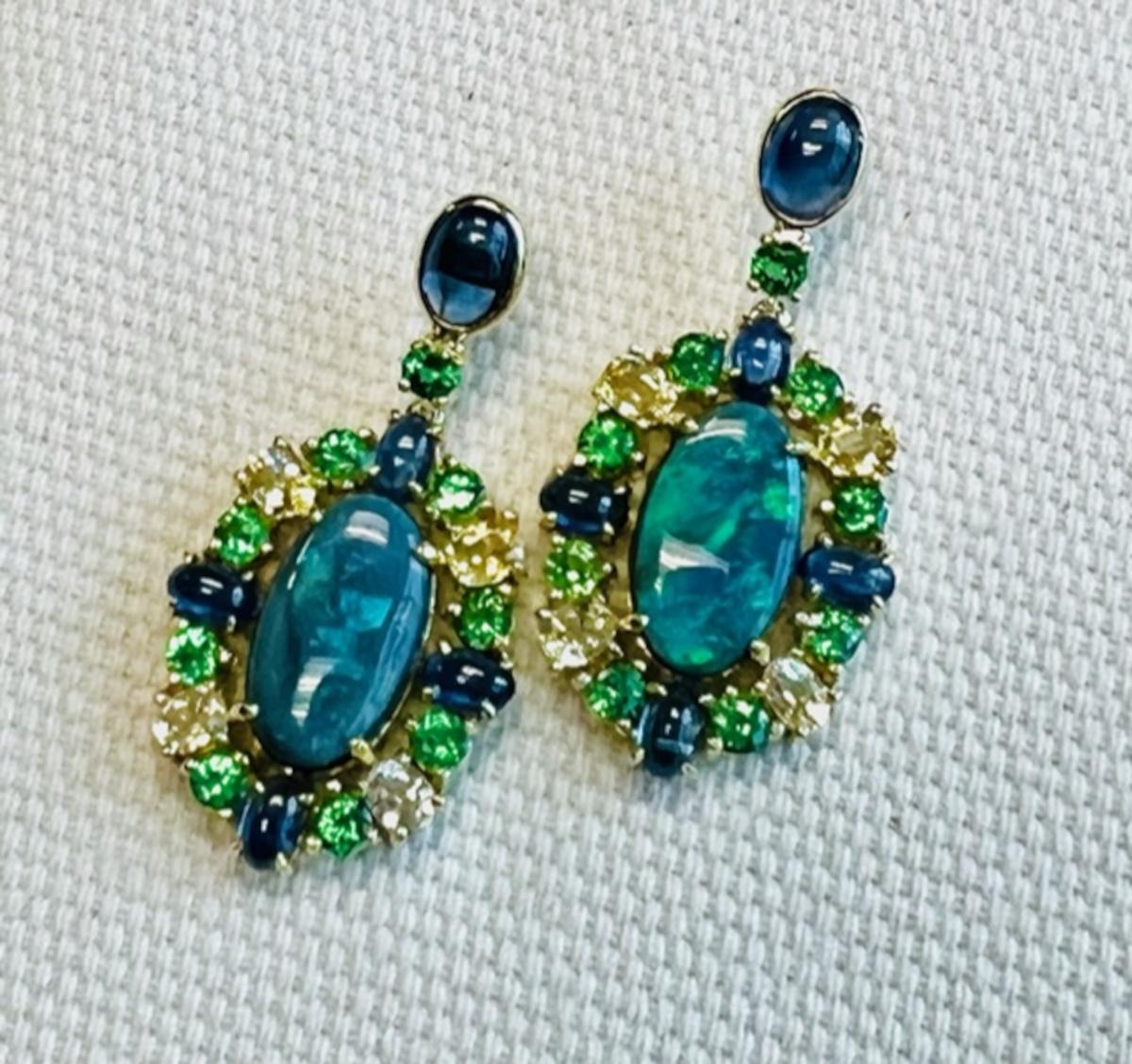 Black Opal, Blue Sapphire, Yellow Sapphire, Tsavorite Garnet Dangle Earrings 2