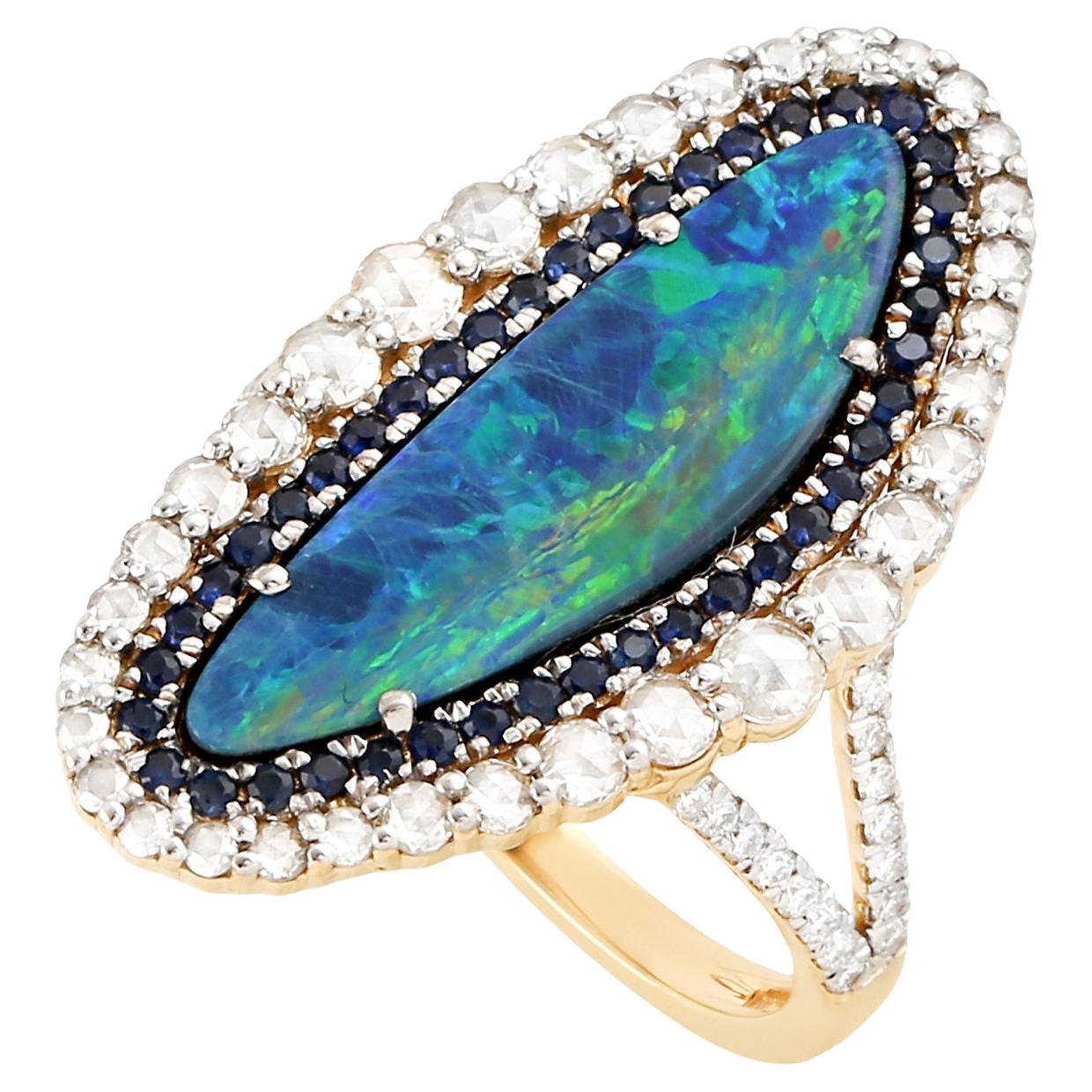 Black Opal Cocktail Ring Blue Sapphires Diamonds 2.8 Carats 18K Yellow Gold