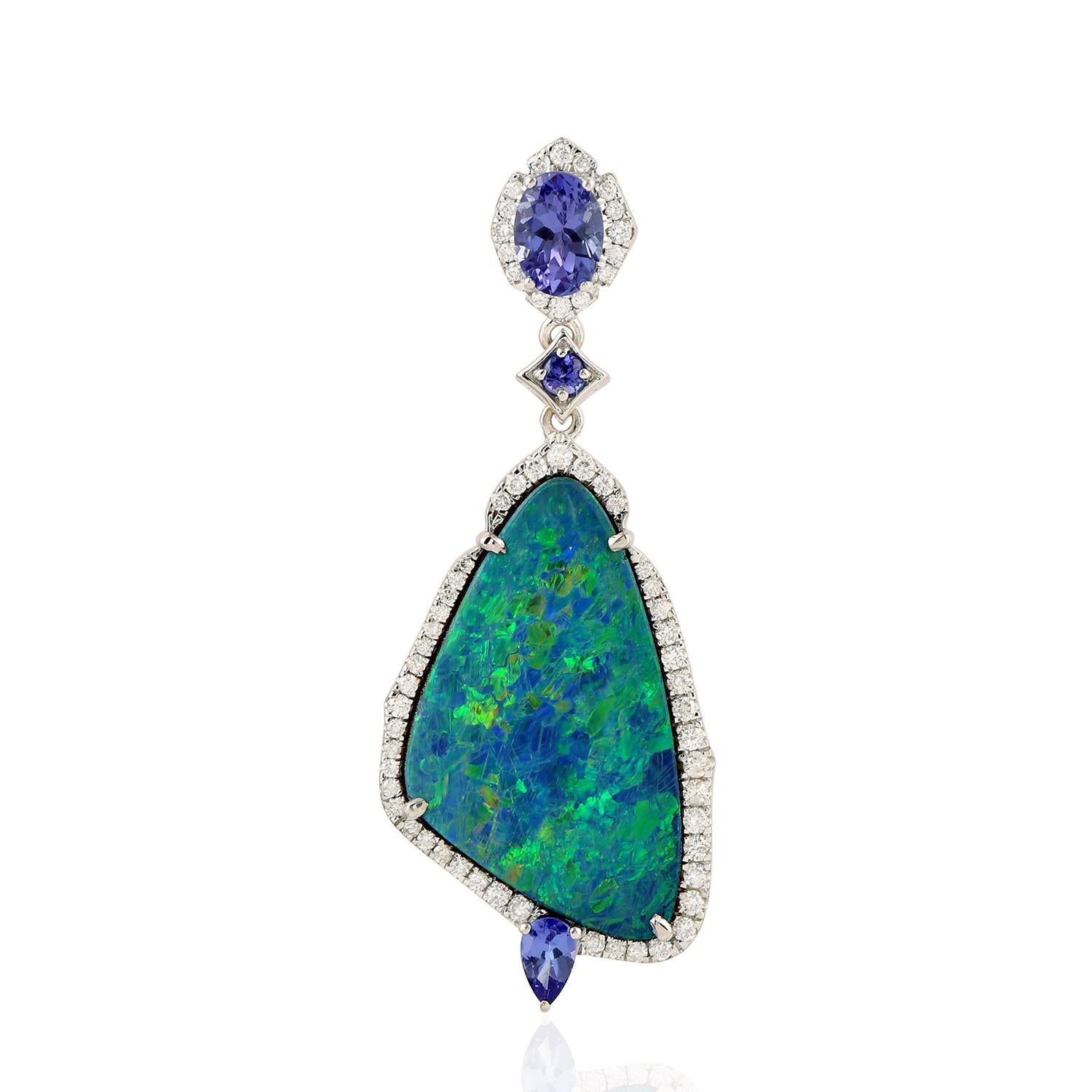 Mixed Cut Black Opal Dangle Earrings With Tanzanites and Diamonds 24 Carats 18K Gold For Sale