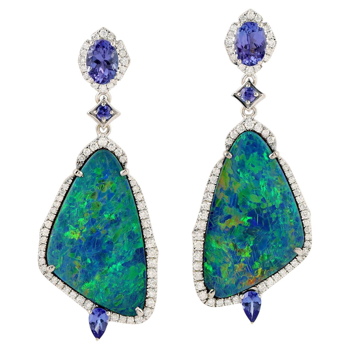 Black Opal Dangle Earrings With Tanzanites and Diamonds 24 Carats 18K Gold For Sale