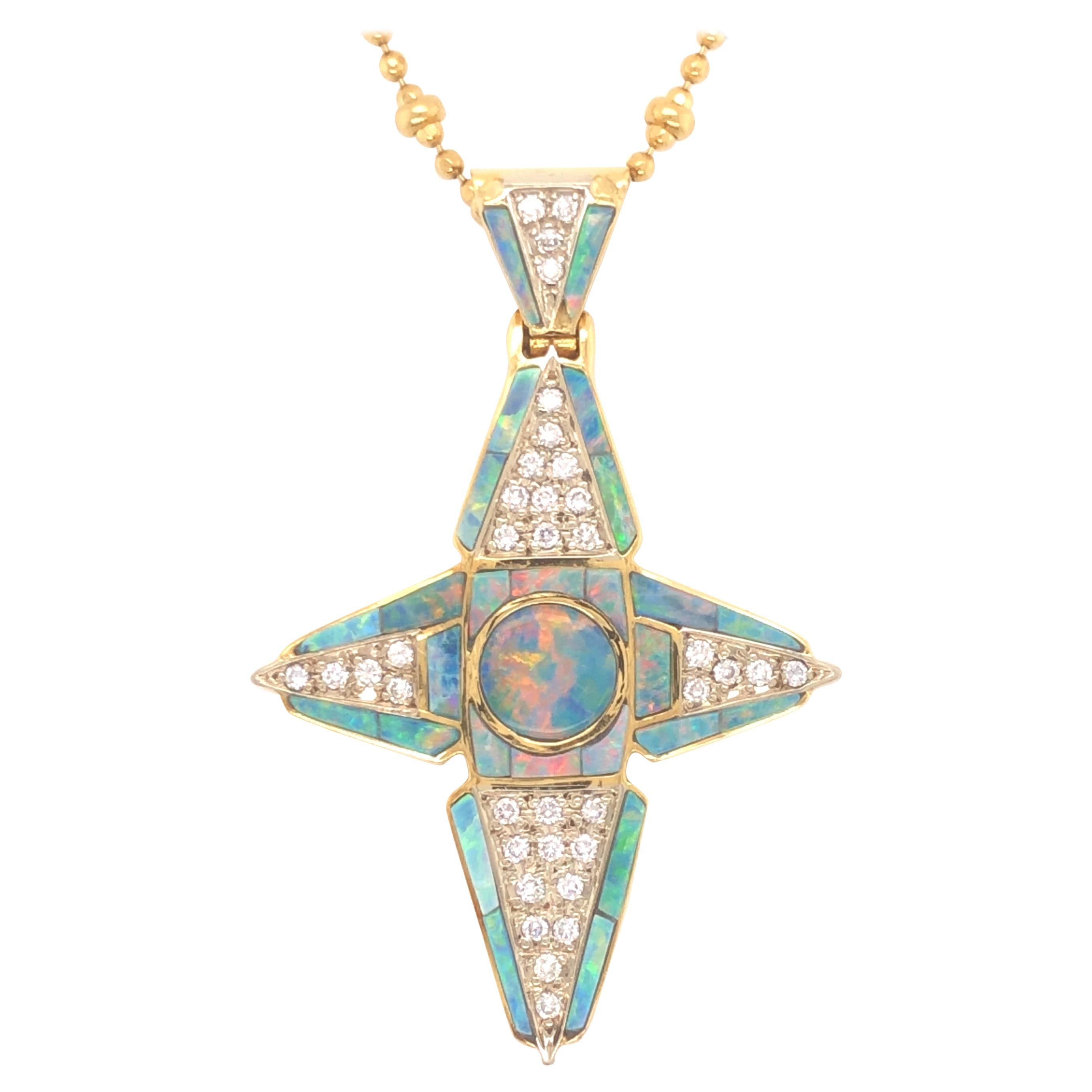 Black Opal & Diamond 18k Yellow Gold Cross Pendant & Necklace