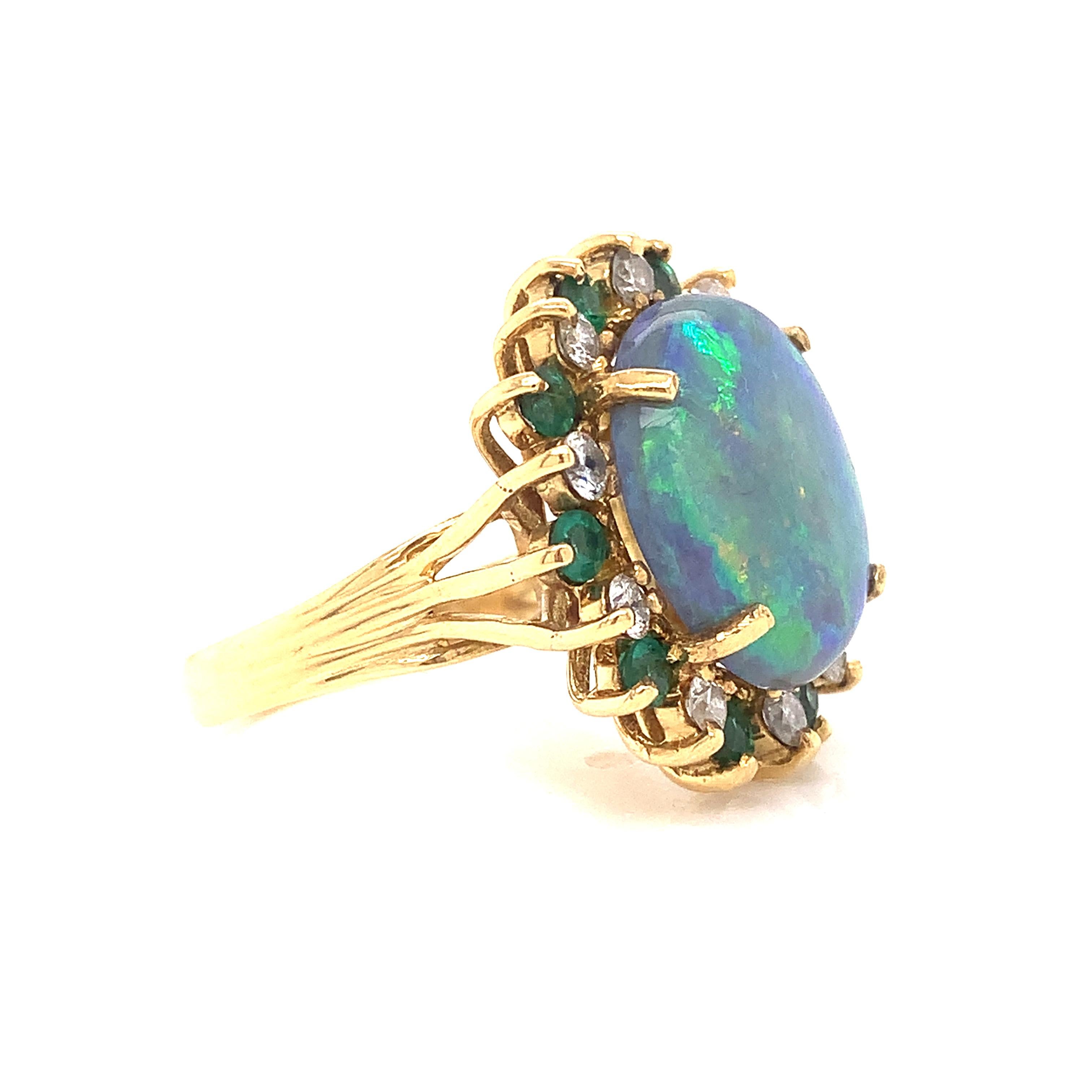 Modern Black Opal, Diamond and Emerald Ring