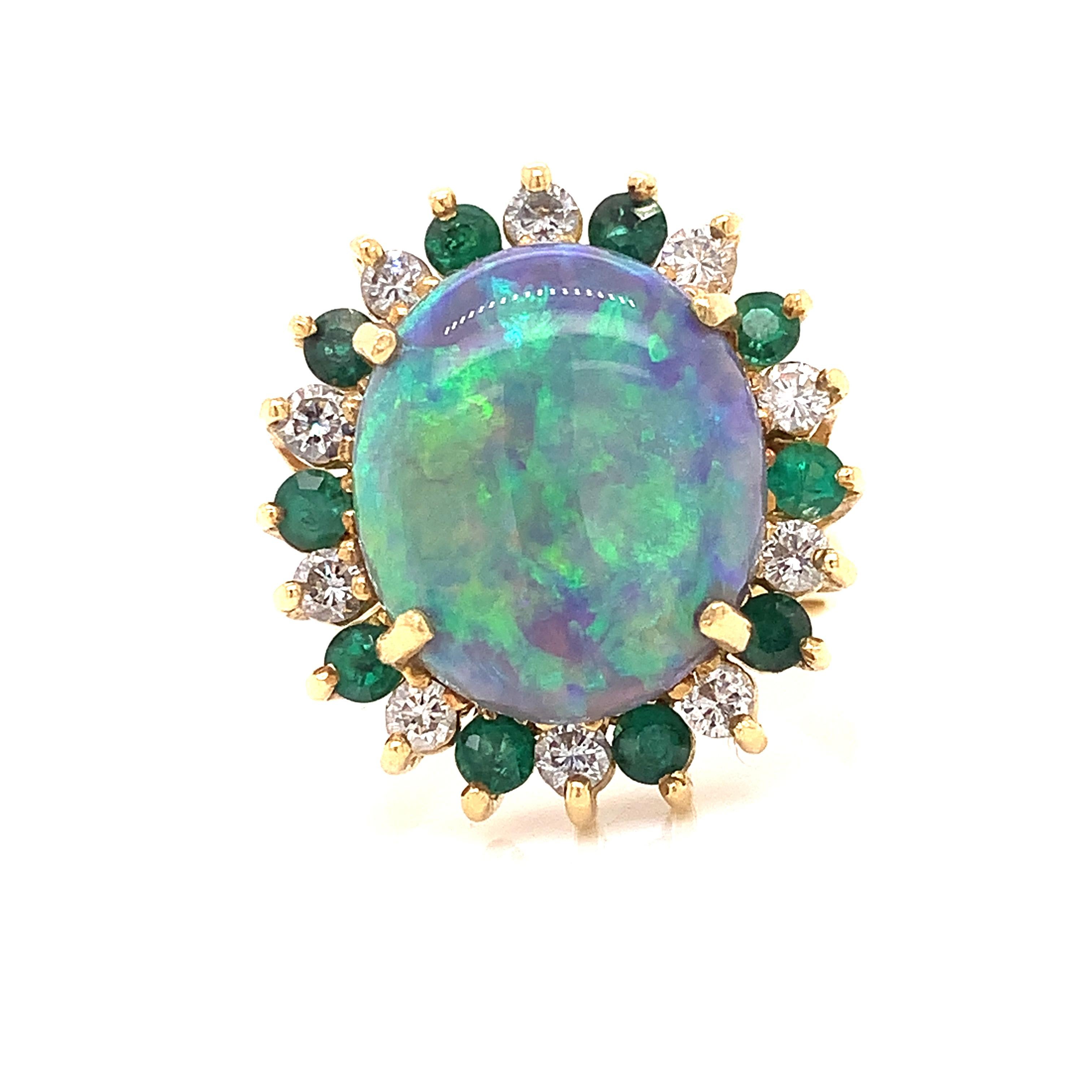 Round Cut Black Opal, Diamond and Emerald Ring