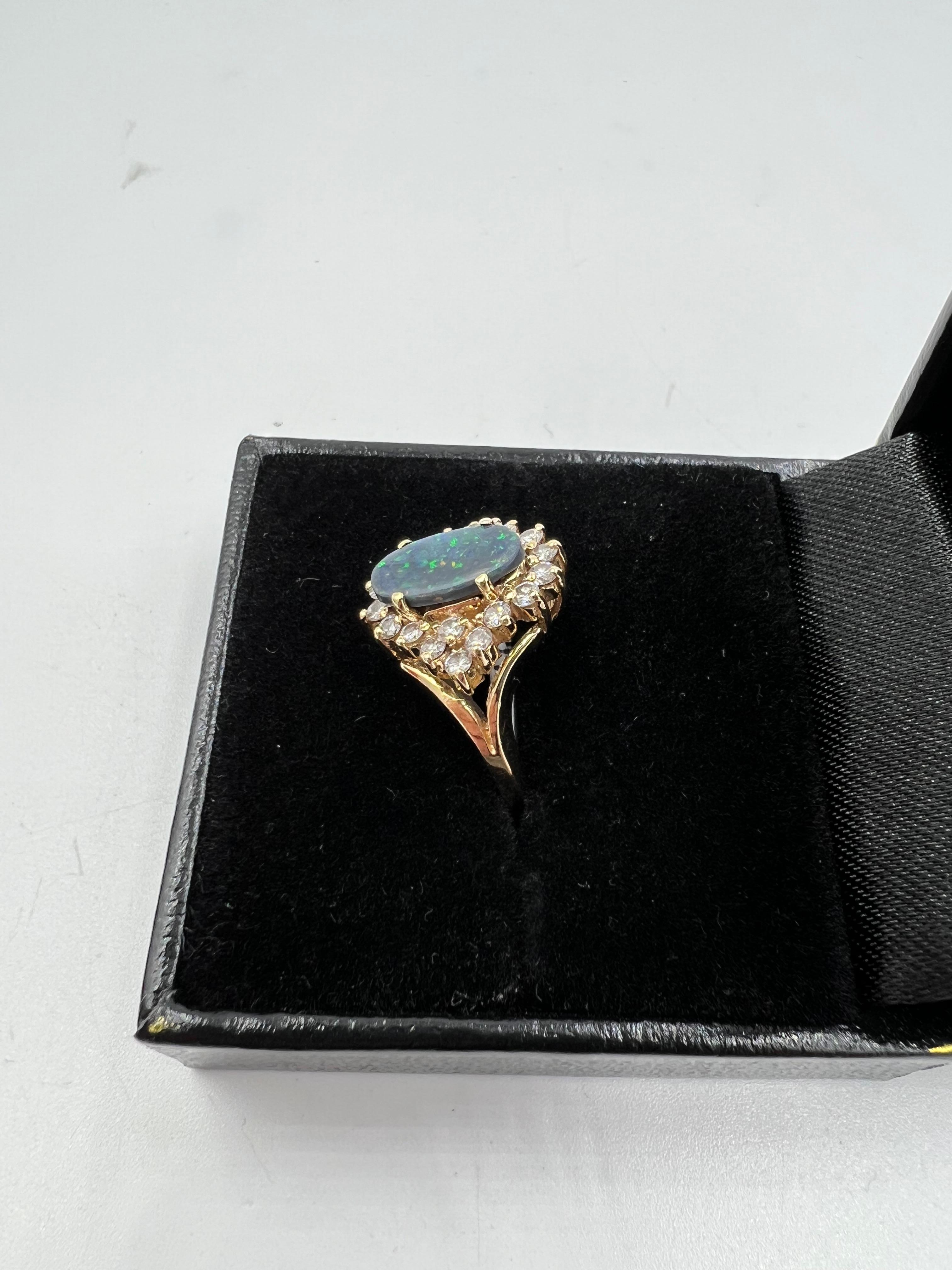 Black Opal Diamond Cluster 14k Yellow Gold Ring For Sale 4
