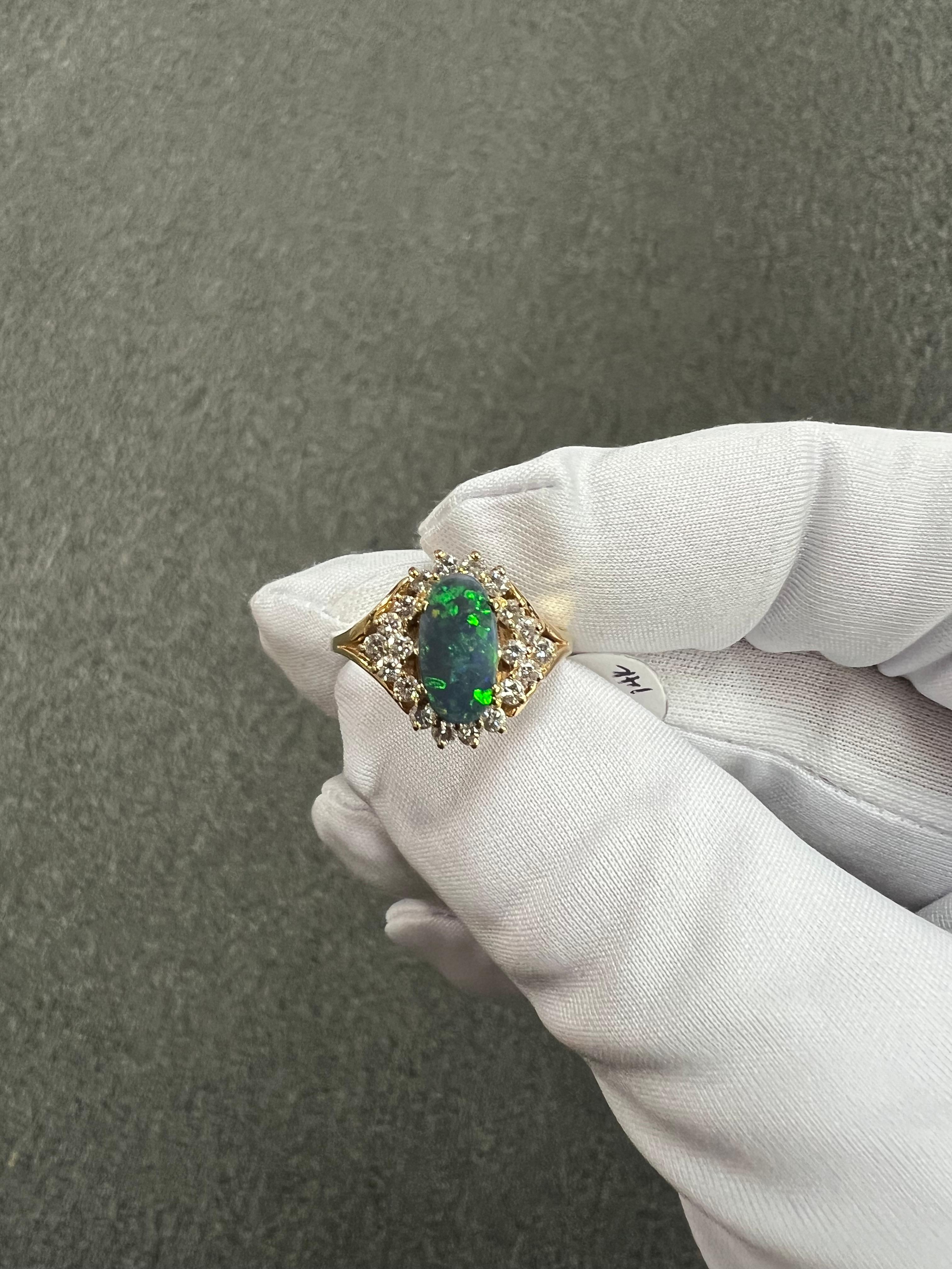 Black Opal Diamond Cluster 14k Yellow Gold Ring For Sale 6