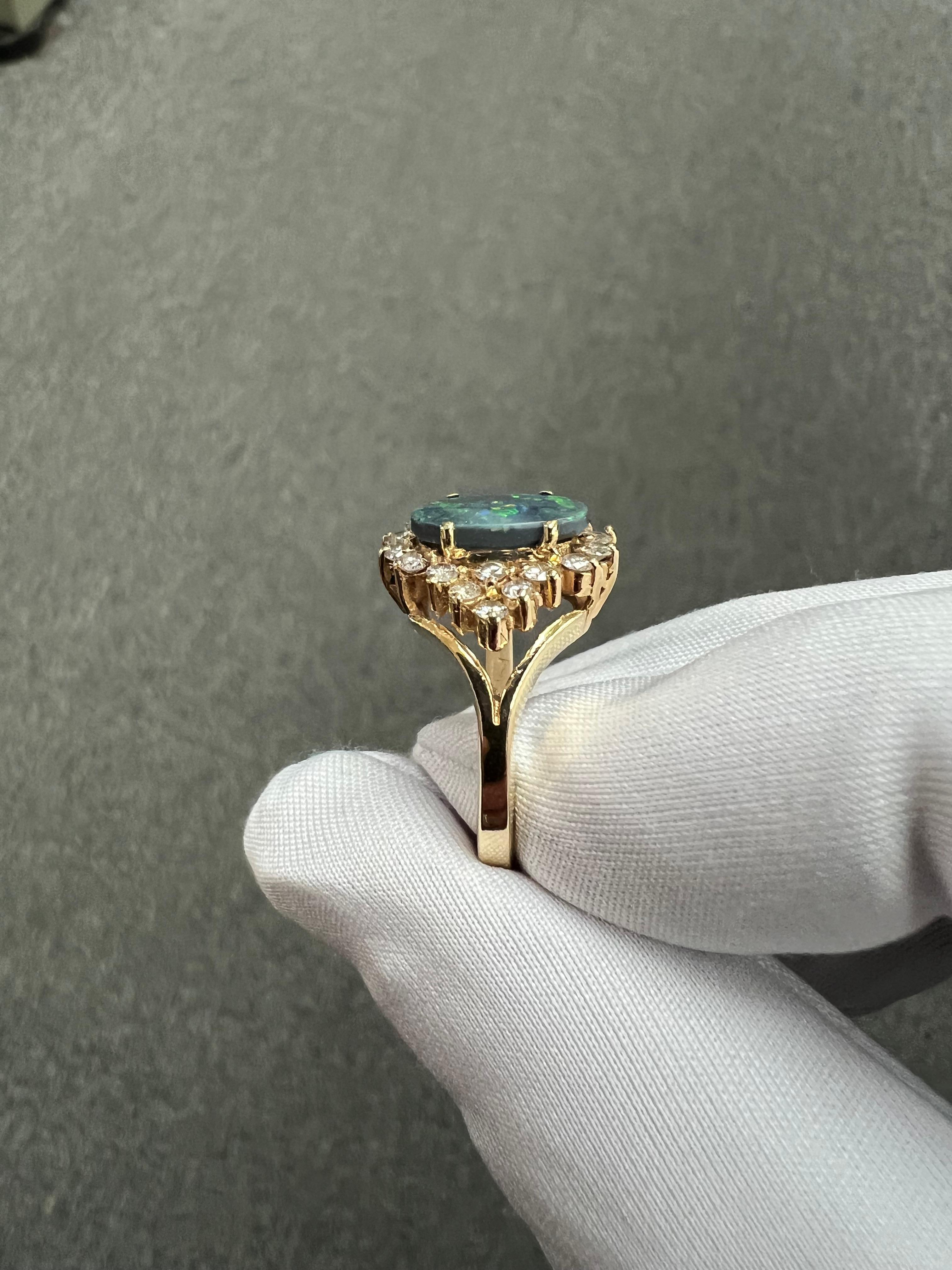 Black Opal Diamond Cluster 14k Yellow Gold Ring For Sale 10