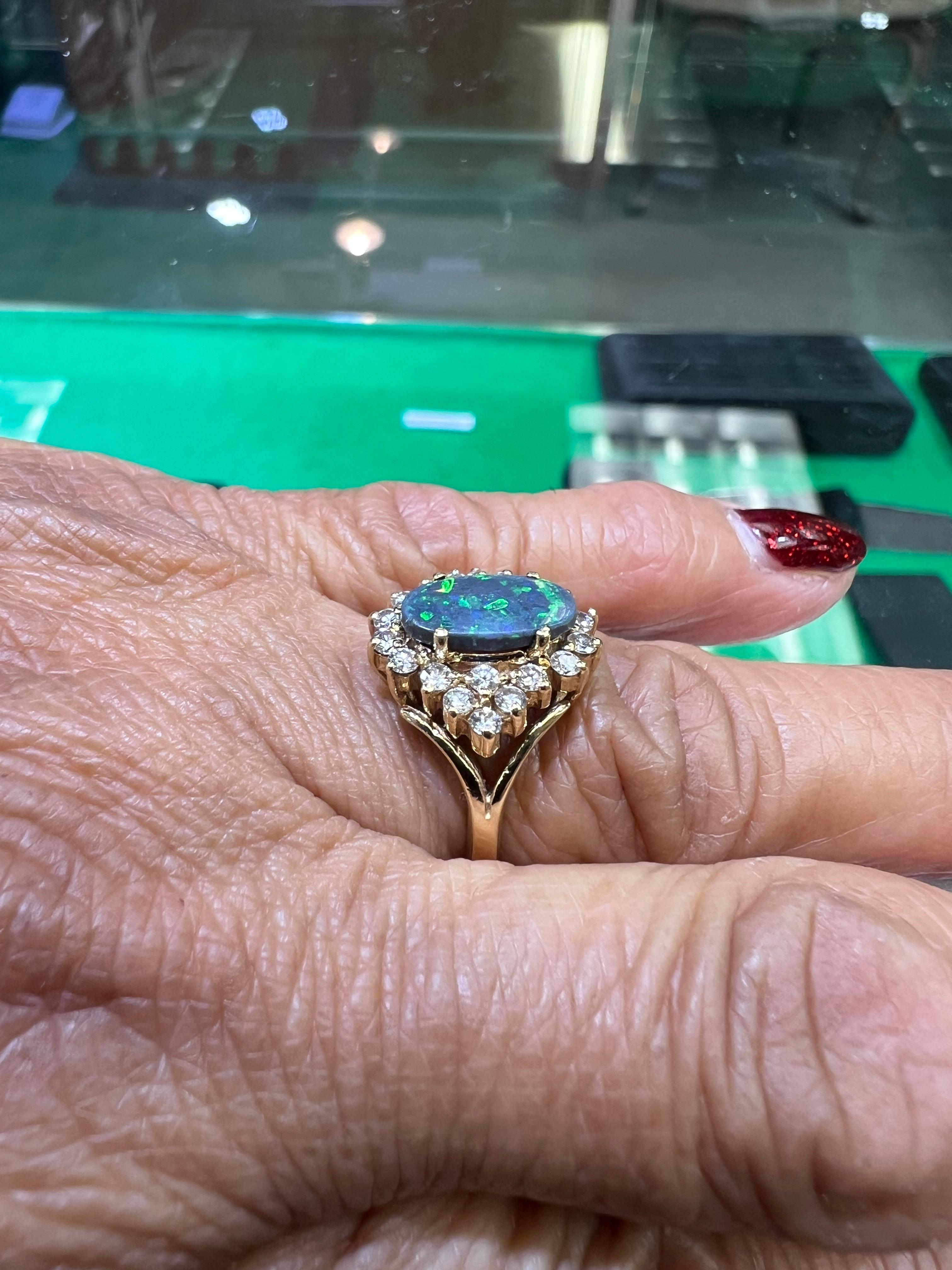 Oval Cut Black Opal Diamond Cluster 14k Yellow Gold Ring For Sale