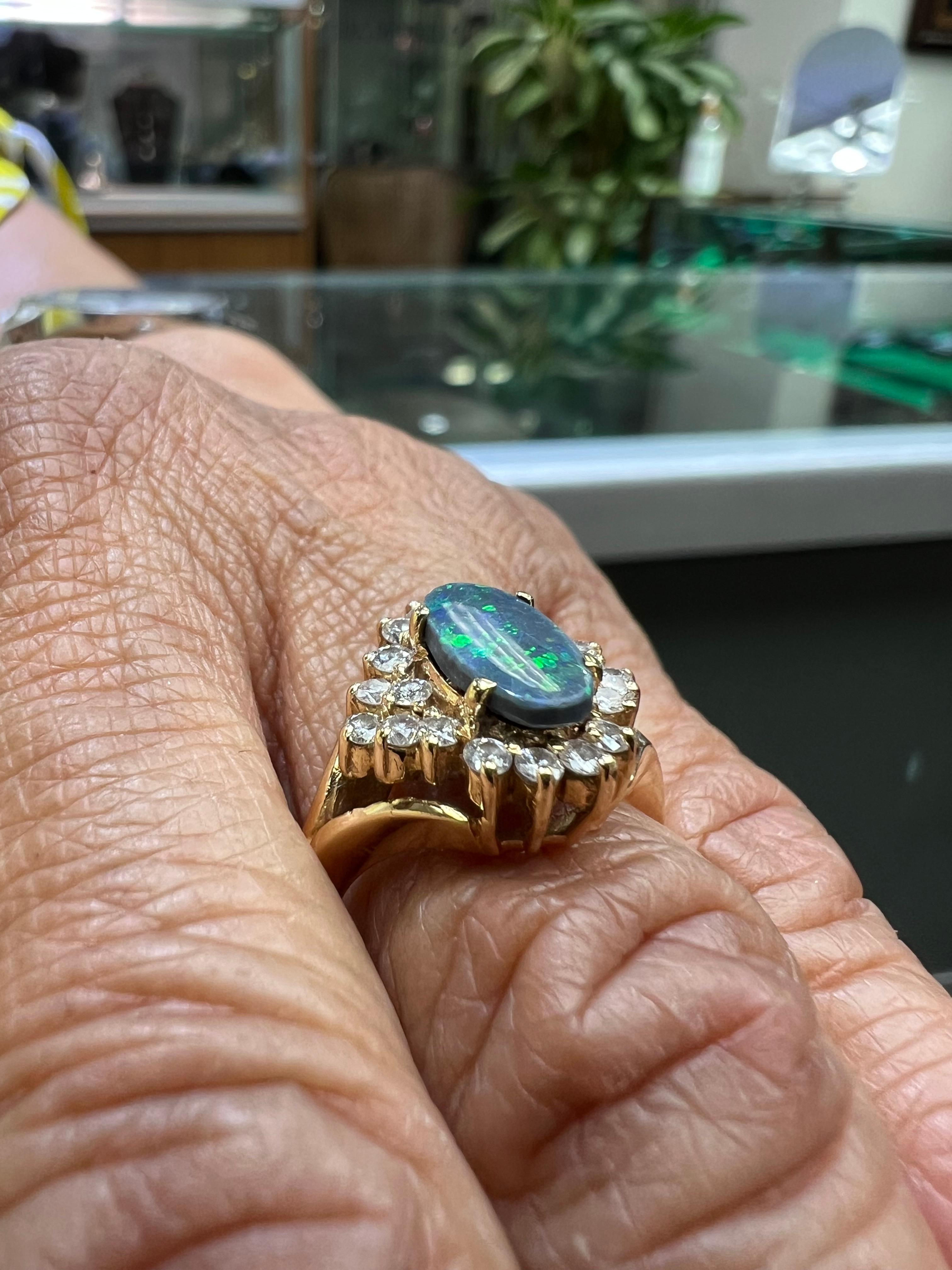 Women's or Men's Black Opal Diamond Cluster 14k Yellow Gold Ring For Sale