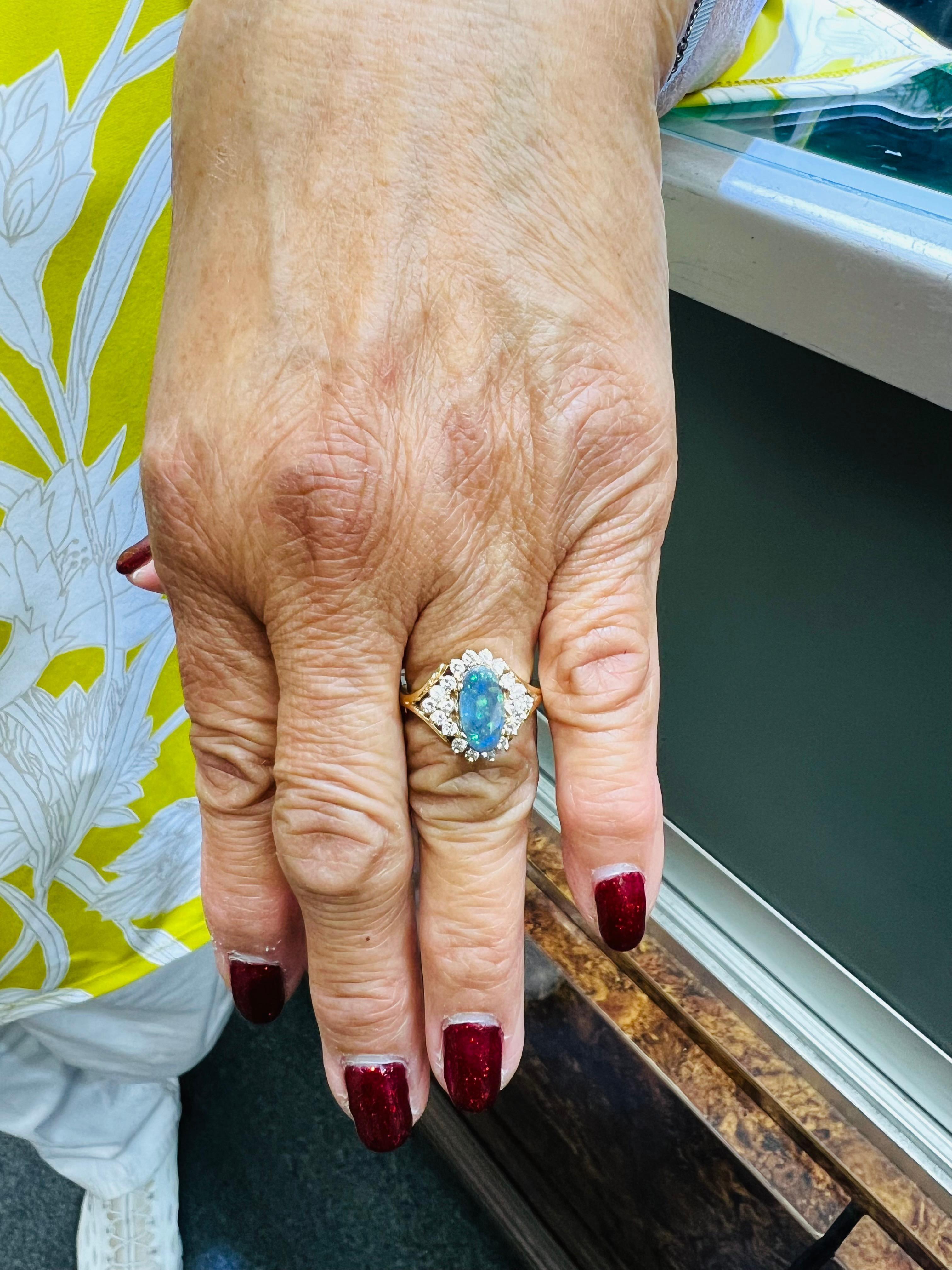 Black Opal Diamond Cluster 14k Yellow Gold Ring For Sale 1