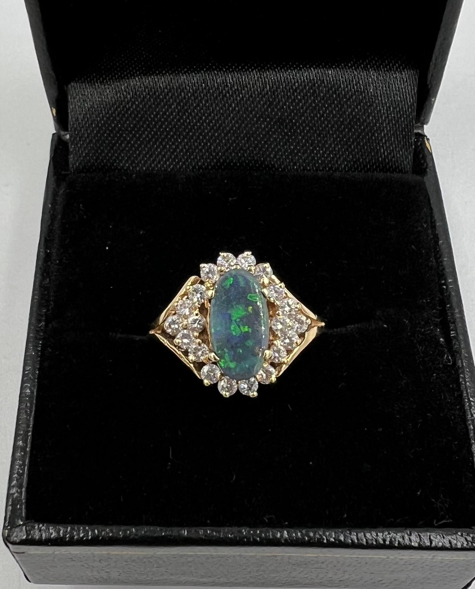 Black Opal Diamond Cluster 14k Yellow Gold Ring For Sale 2